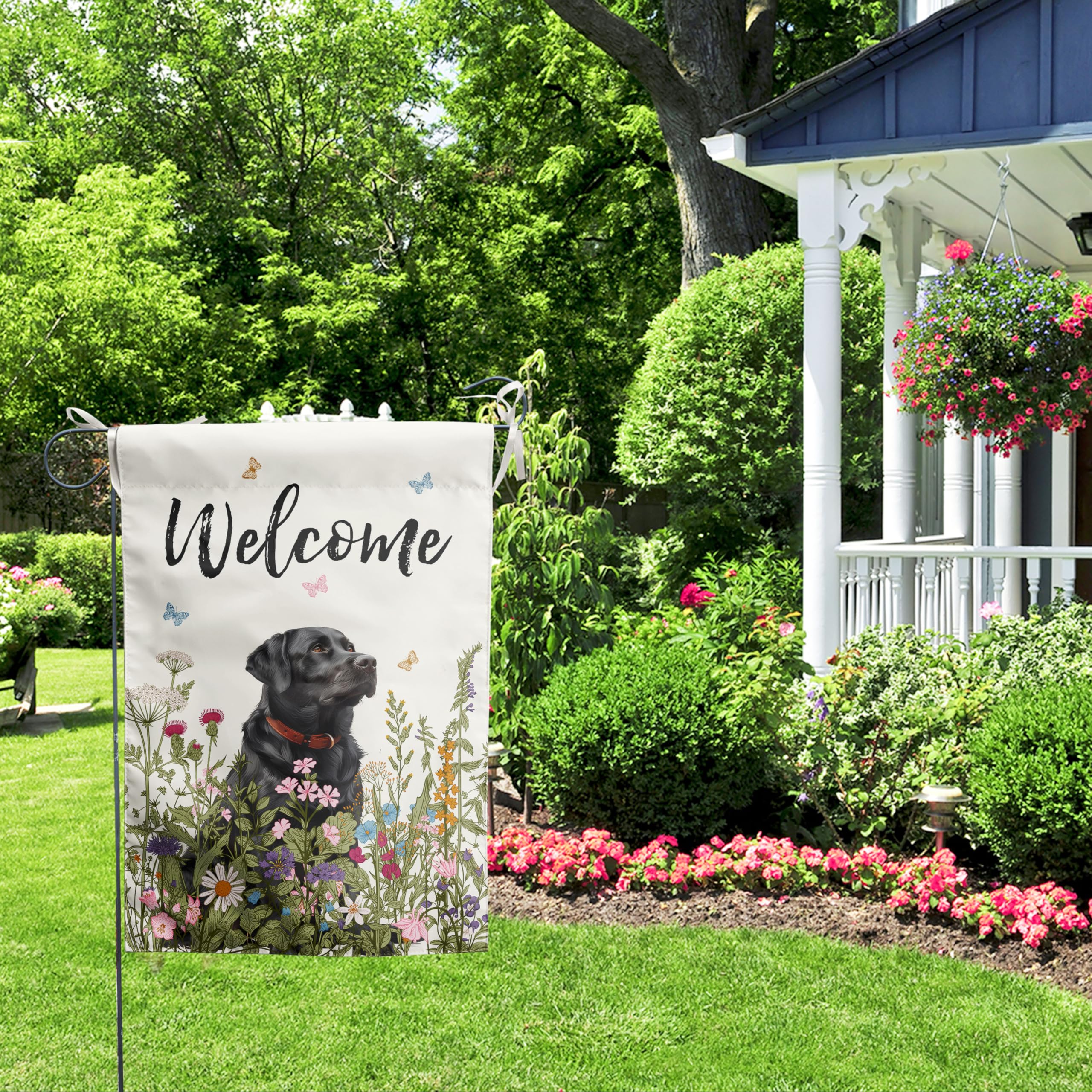 DZGlobal Black Lab Garden Flag on a flag stand