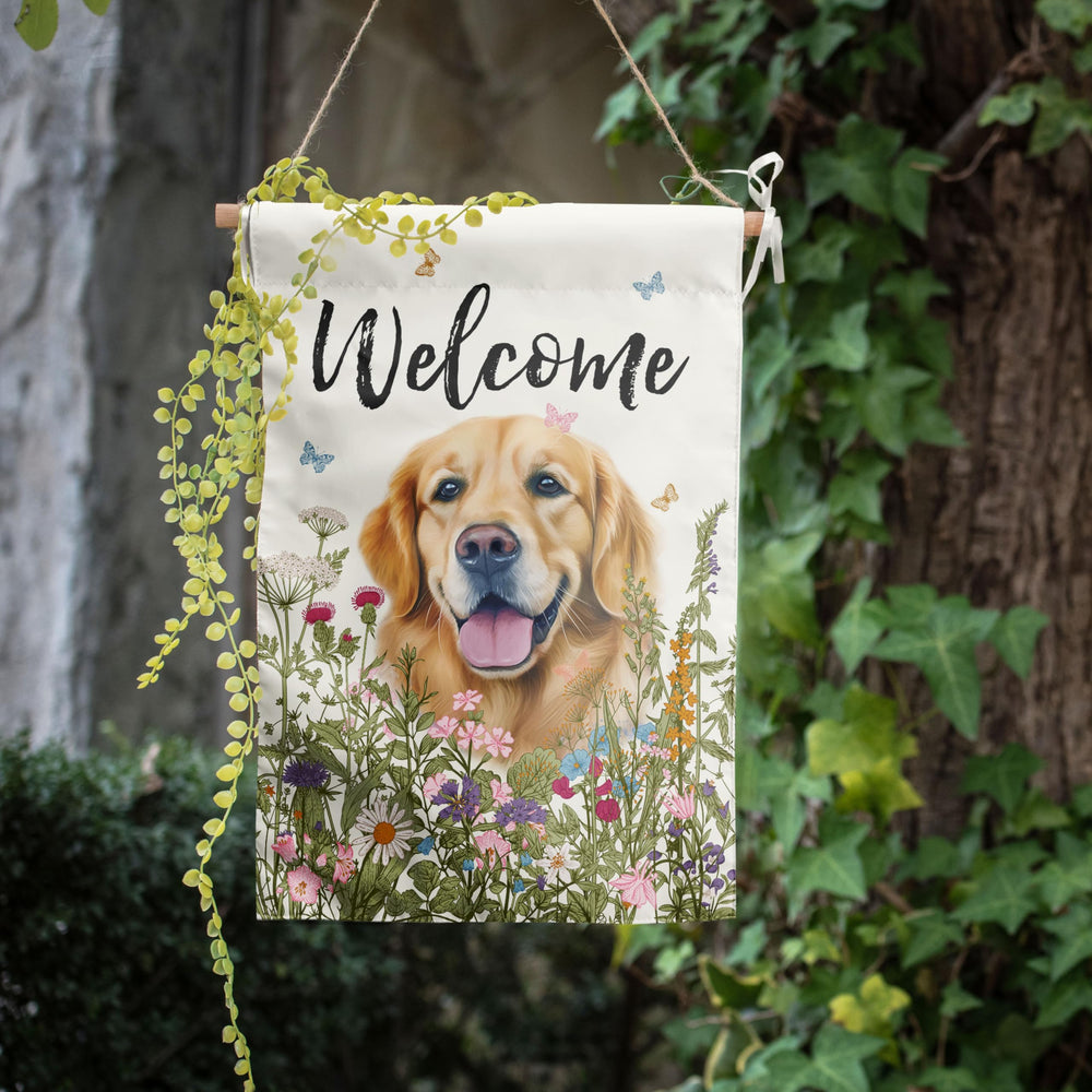 DZGlobal Golden Retriever Garden Flag displayed on a porch