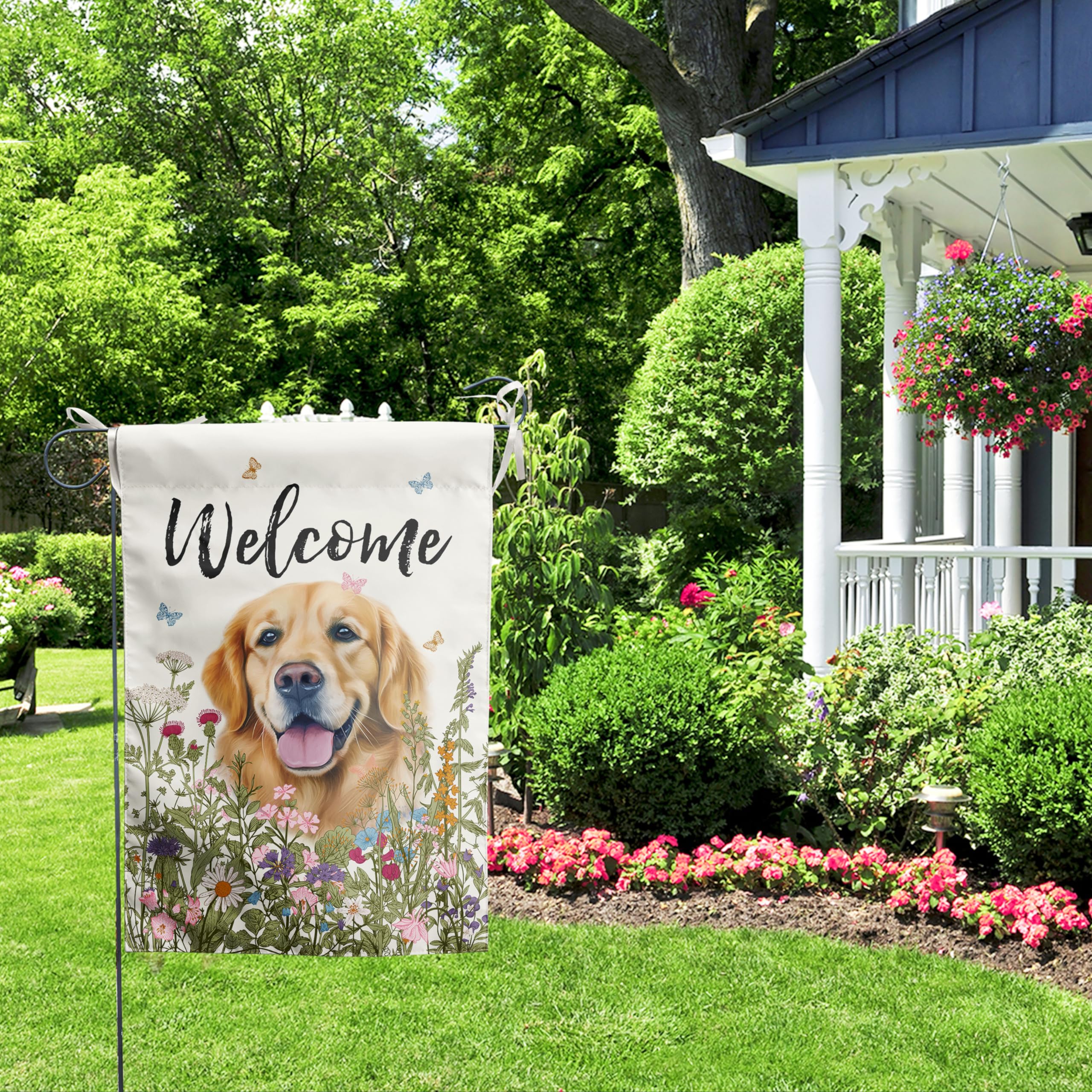 DZGlobal Golden Retriever Garden Flag with ribbons attached for securing