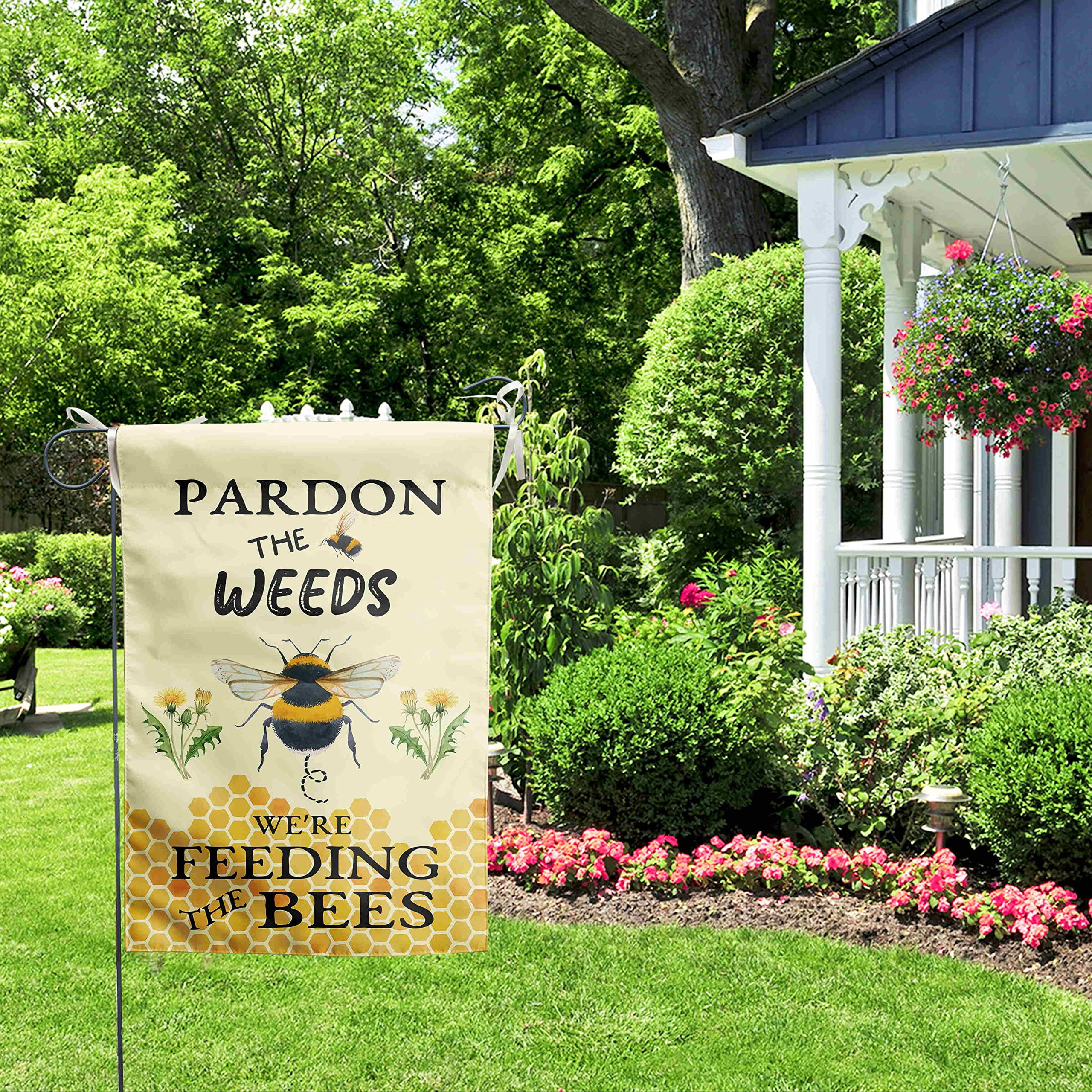DZGlobal Summer Bee Garden Flag on a flag stand outdoors