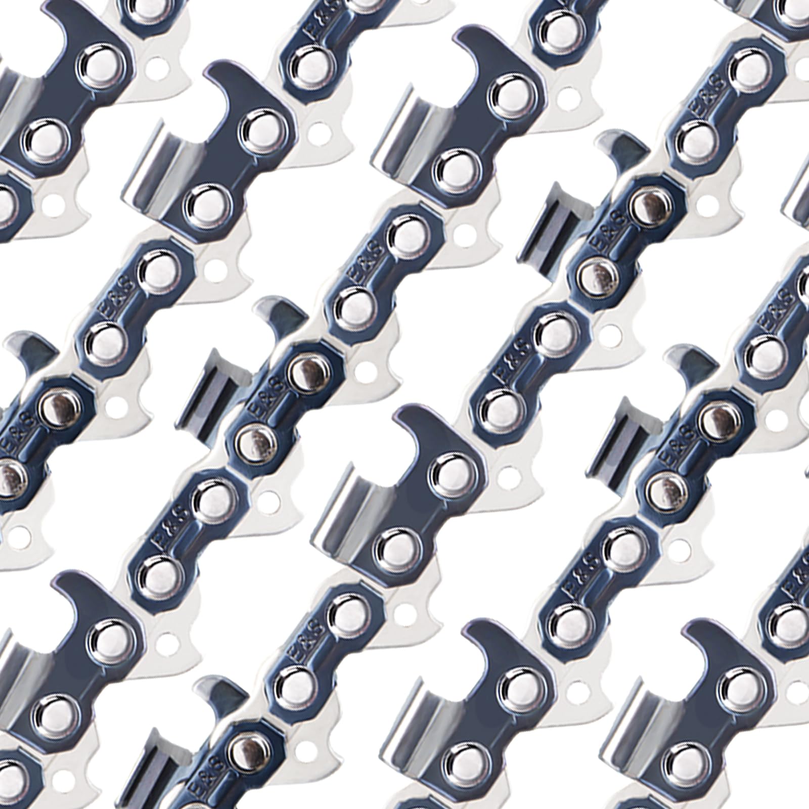 E & S chainsaw chain showing hardened chrome rivets