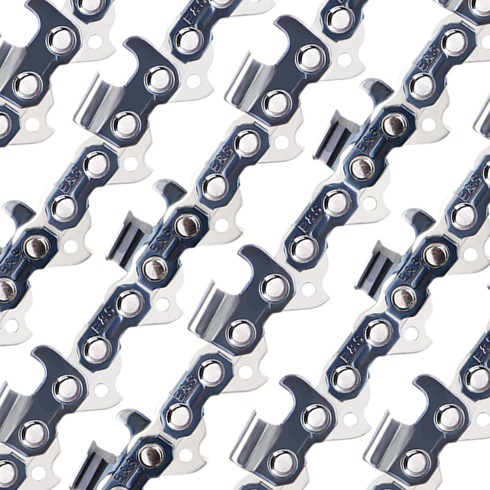 E & S chainsaw chain showing hardened chrome rivets