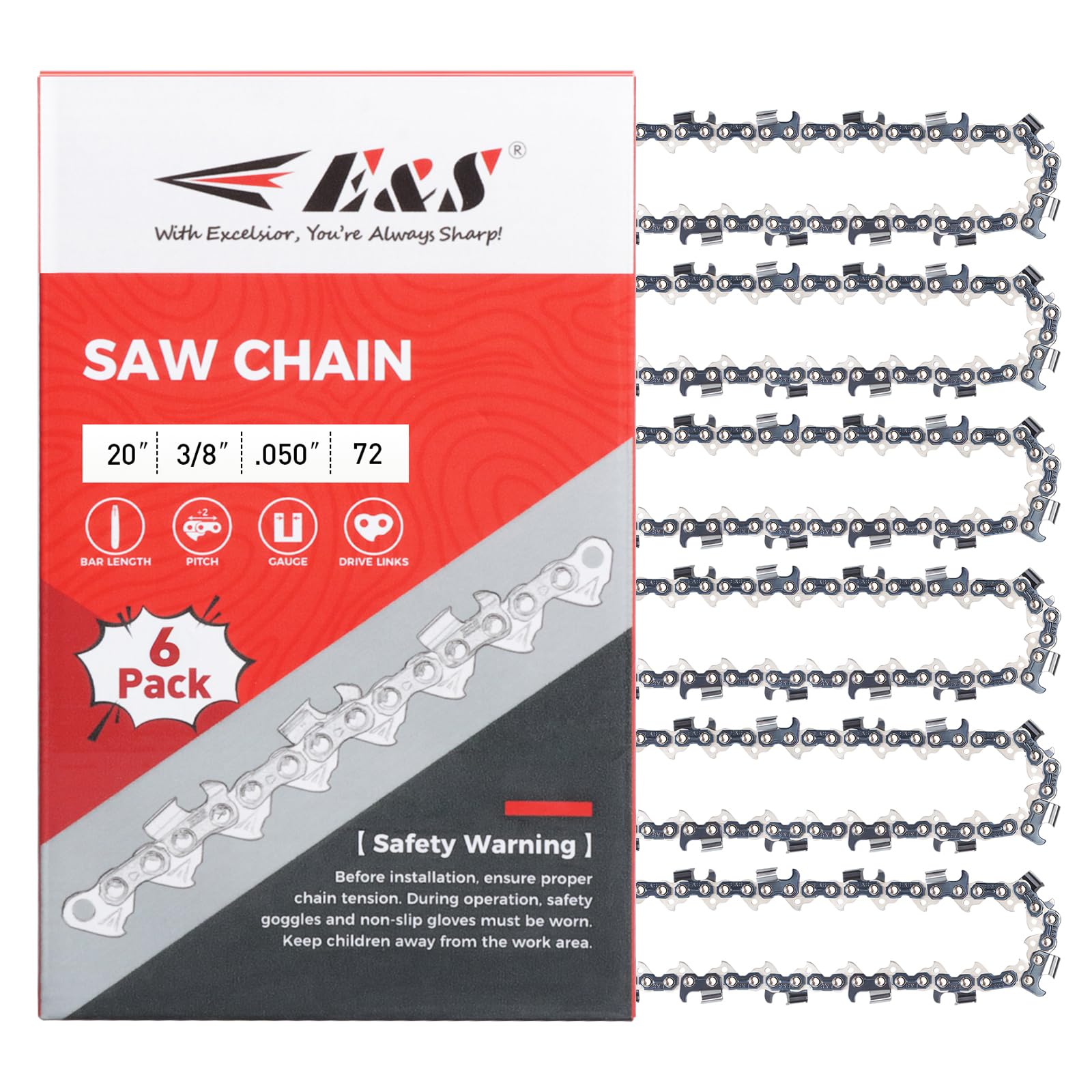 E & S chainsaw chain with semi-chisel teeth close-up