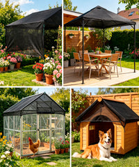 e.share shade tarp stretched over a garden