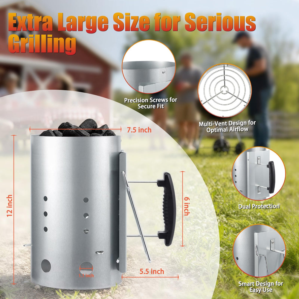 E500 Charcoal Chimney Starter dimensions on a grill