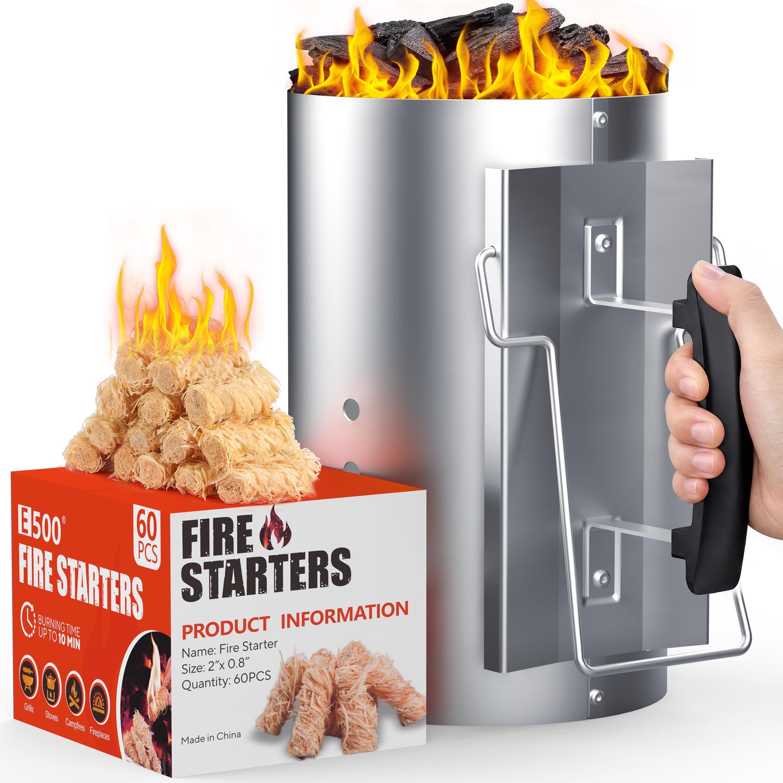 E500 Charcoal Chimney Starter Kit with 60 natural fire starters