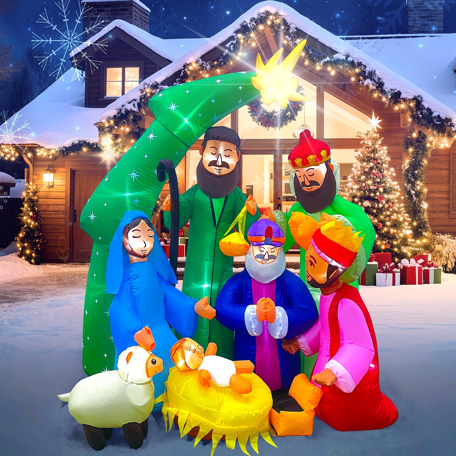 EAONE 7FT Inflatable Nativity Scene front view with LED lights