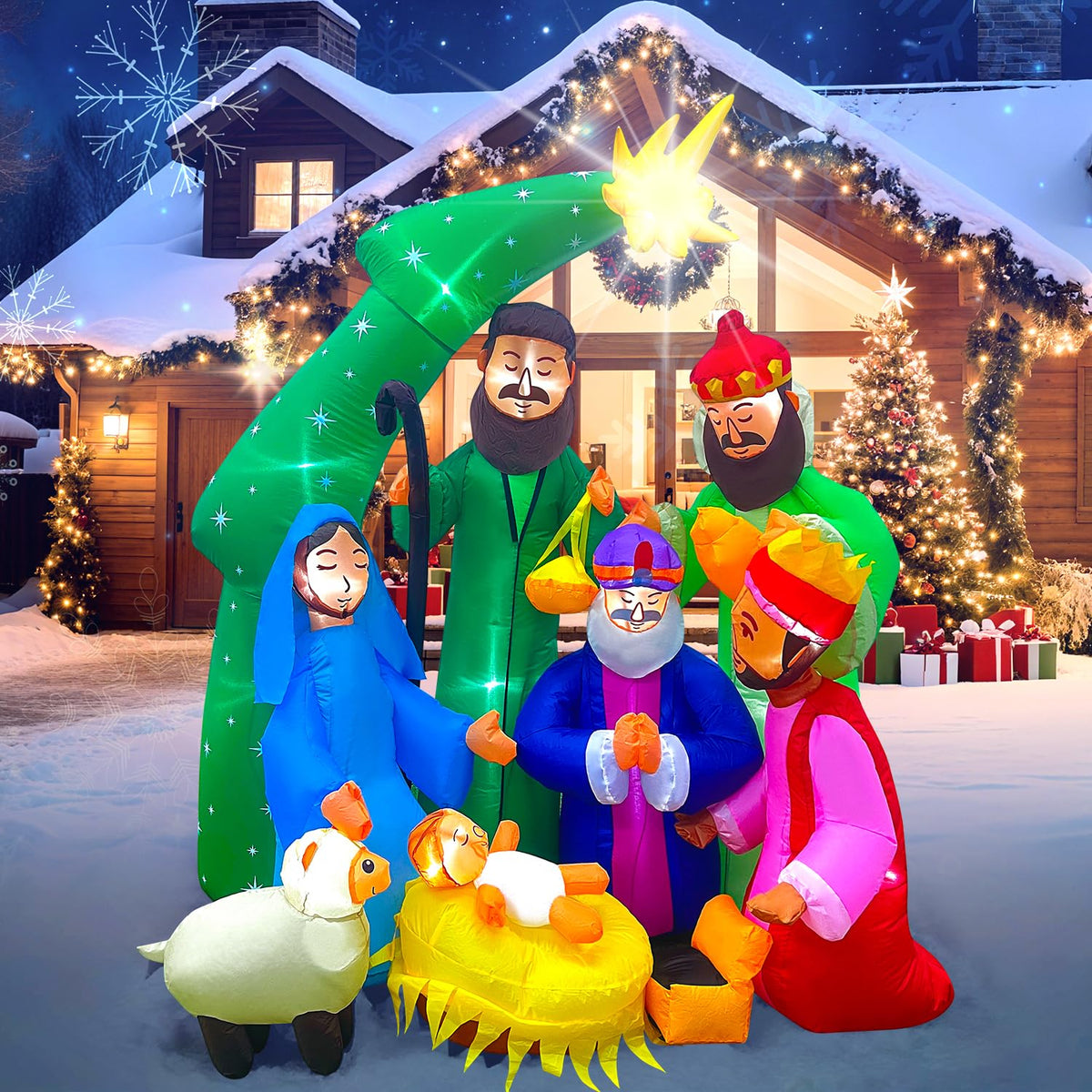 EAONE 7FT Inflatable Nativity Scene front view with LED lights
