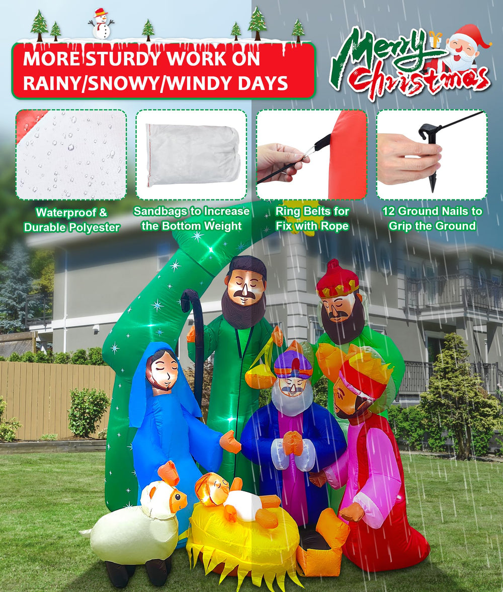 EAONE Nativity Scene with built-in LED lights glowing at night