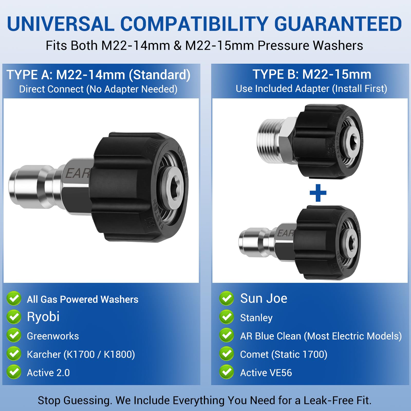EARLEAS Pressure Washer Quick Connect Kit showing M22-14mm and M22-15mm adapters