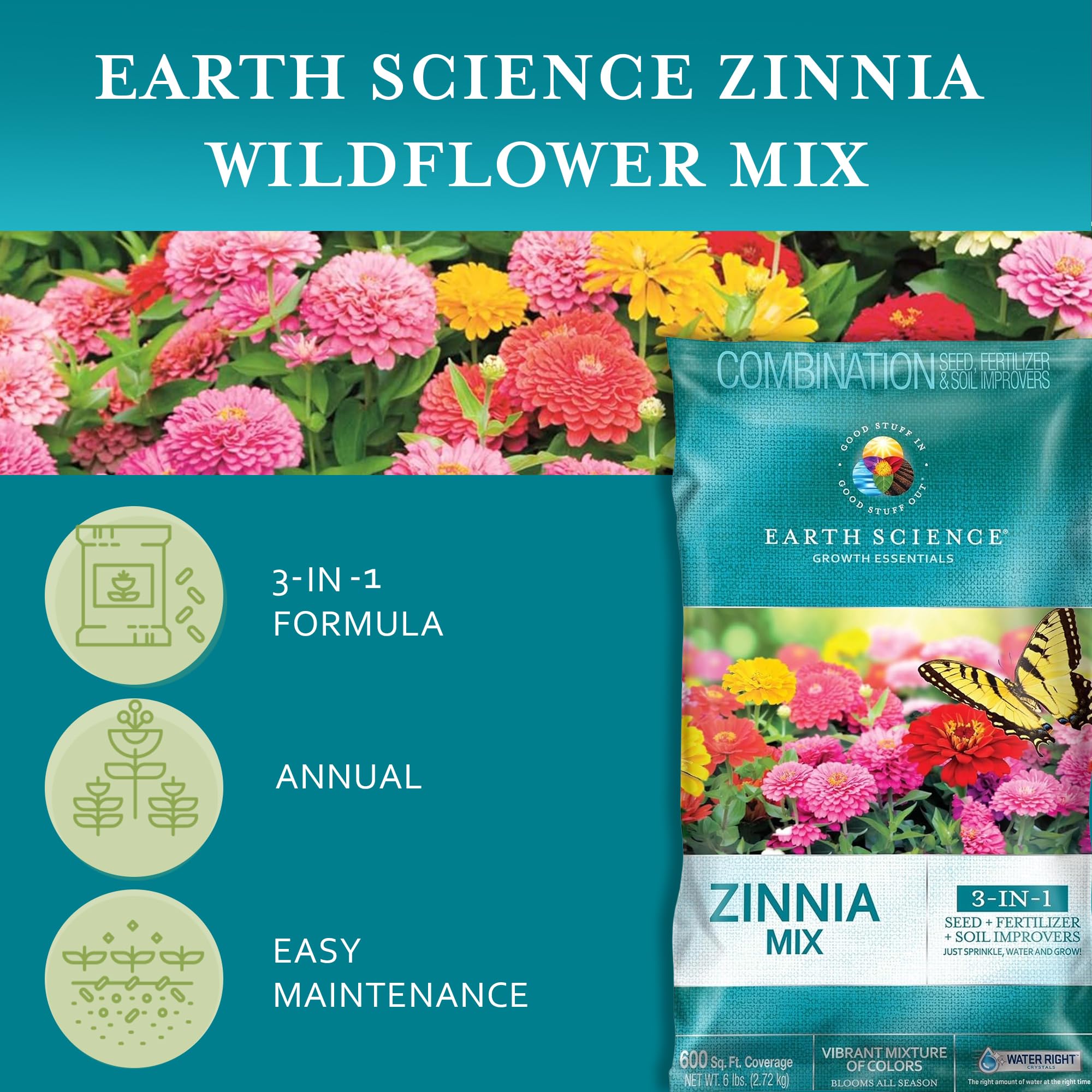 Earth Science Zinnia Wildflower Mix 6lb bag side view