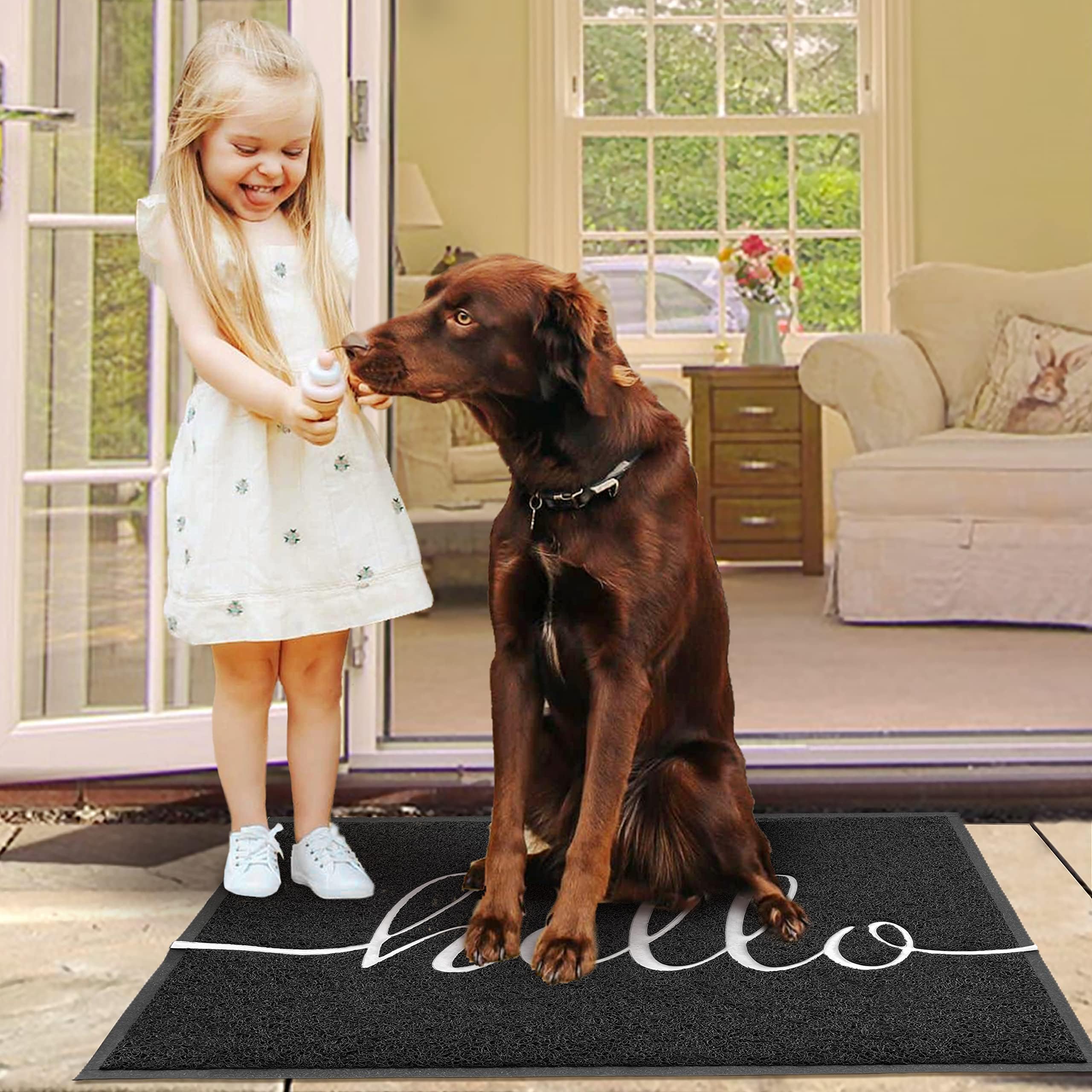 EARTHALL Hello Doormat displayed in laundry room