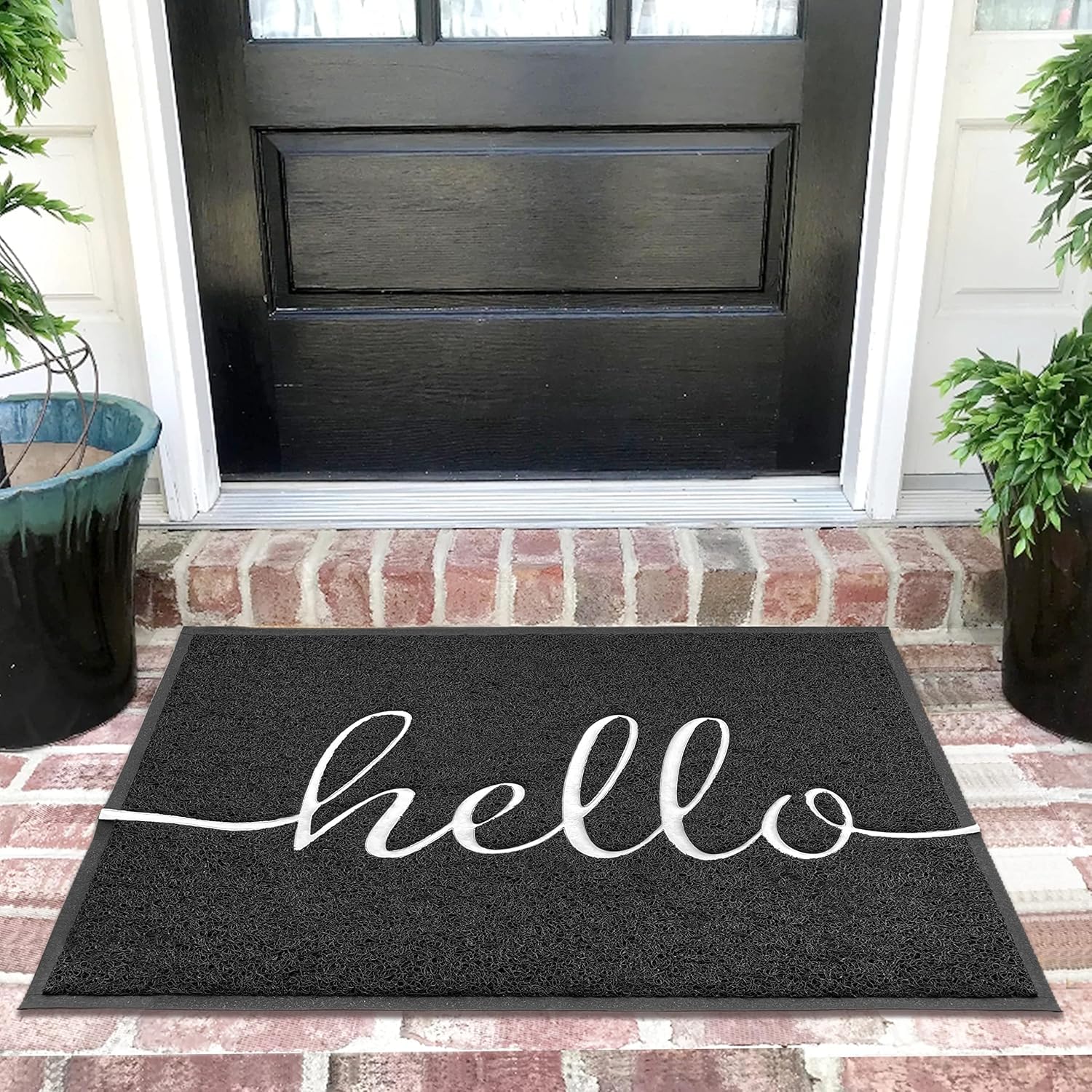 EARTHALL Hello Doormat front view, black with hello design
