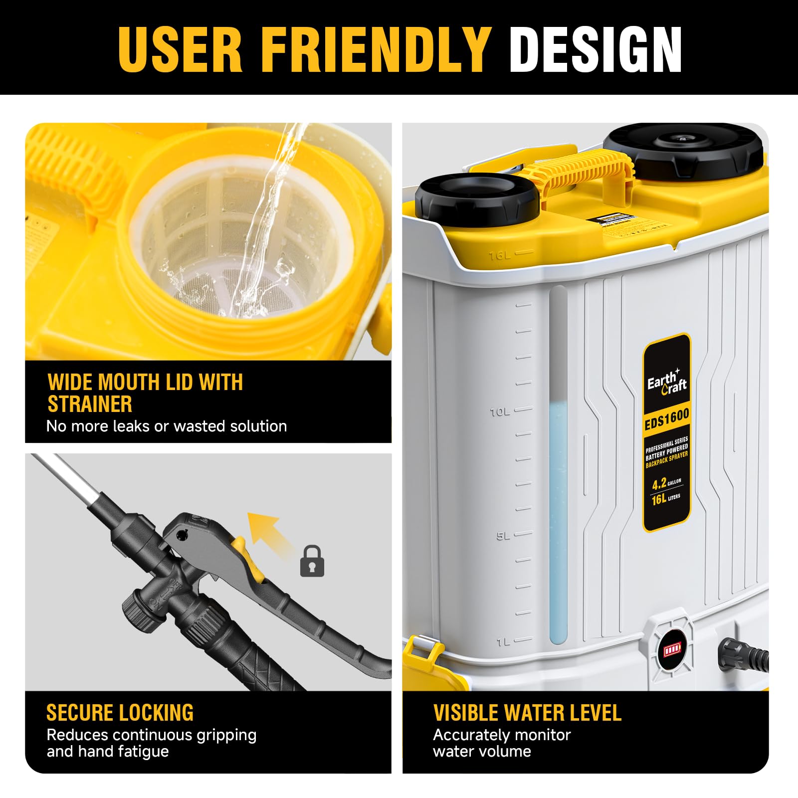 EARTHCRAFT 4.2 Gal Backpack Sprayer showing transparent level gauge