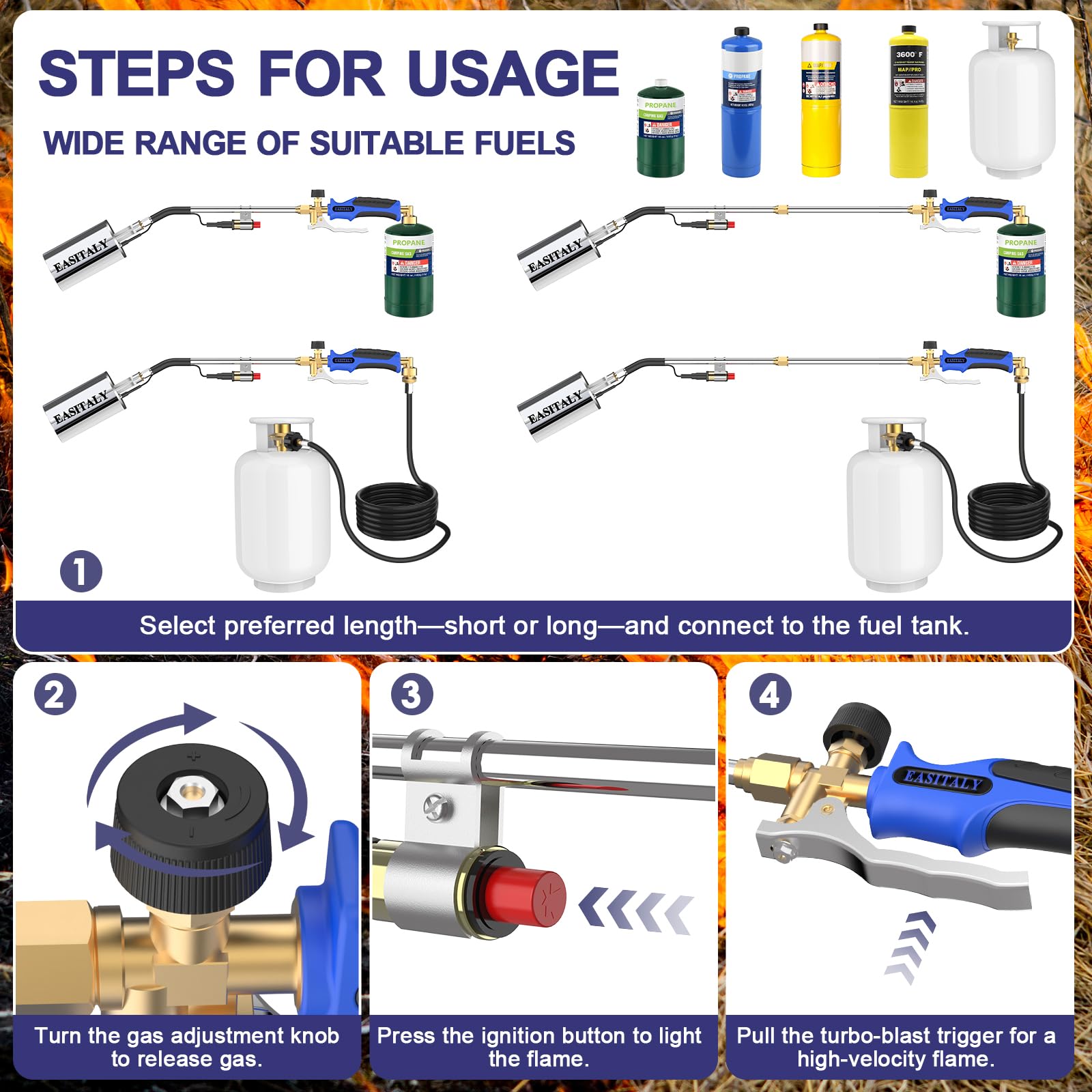 EASITALY Propane Torch Weed Burner Kit side view with hose