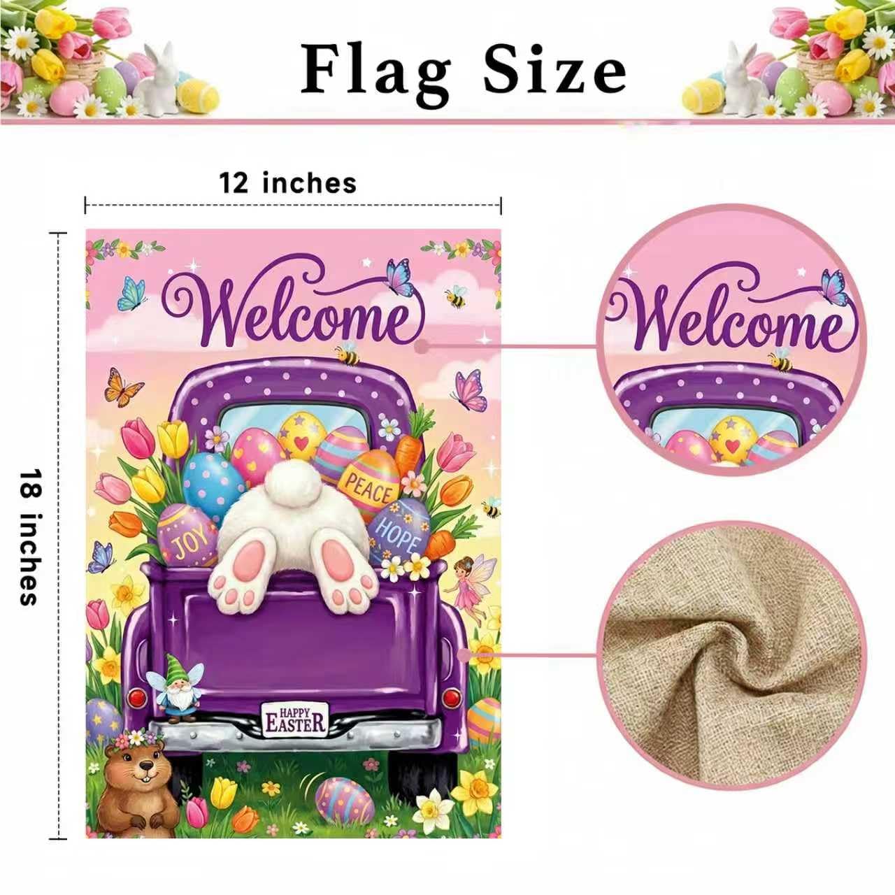 Easter Garden Flag displayed in a garden with blooming flowers
