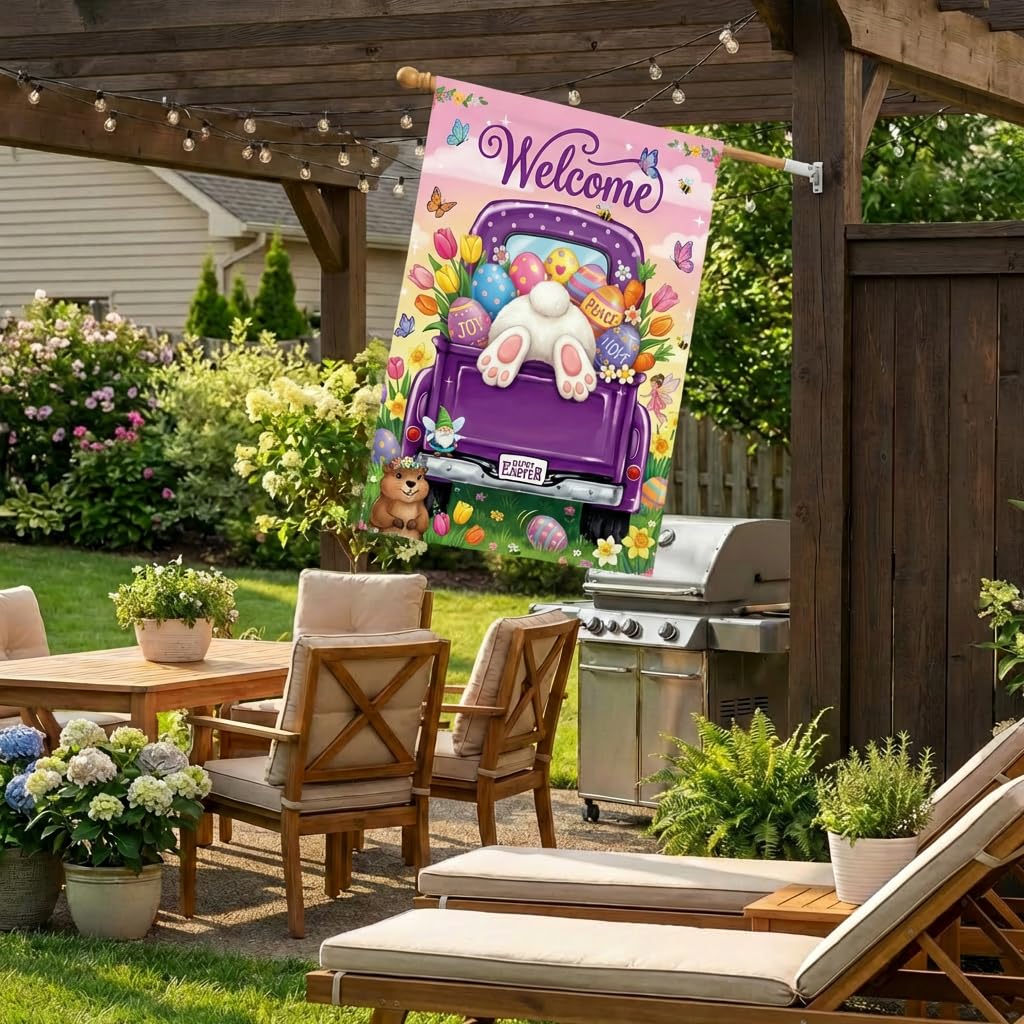 Easter Garden Flag with bunny and eggs in a sunny garden setting