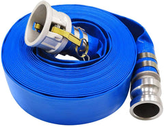 Eastrans 2" x 50' blue discharge hose front view with Camlock fittings