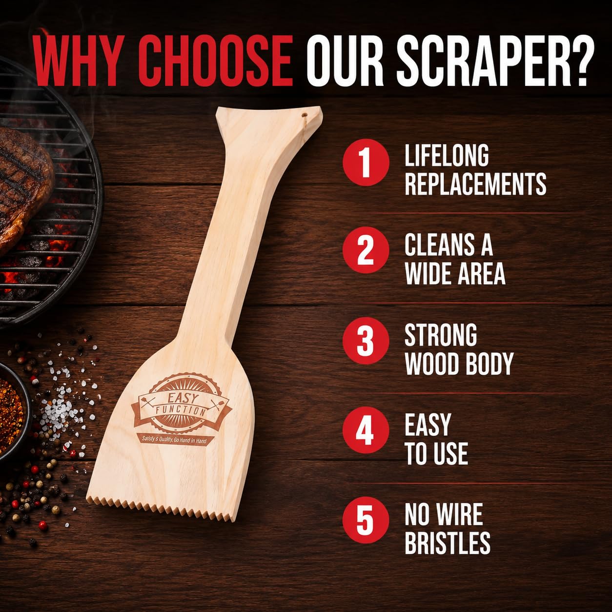 EASY FUNCTION Wood Grill Scraper demonstrating compatibility with various grill types