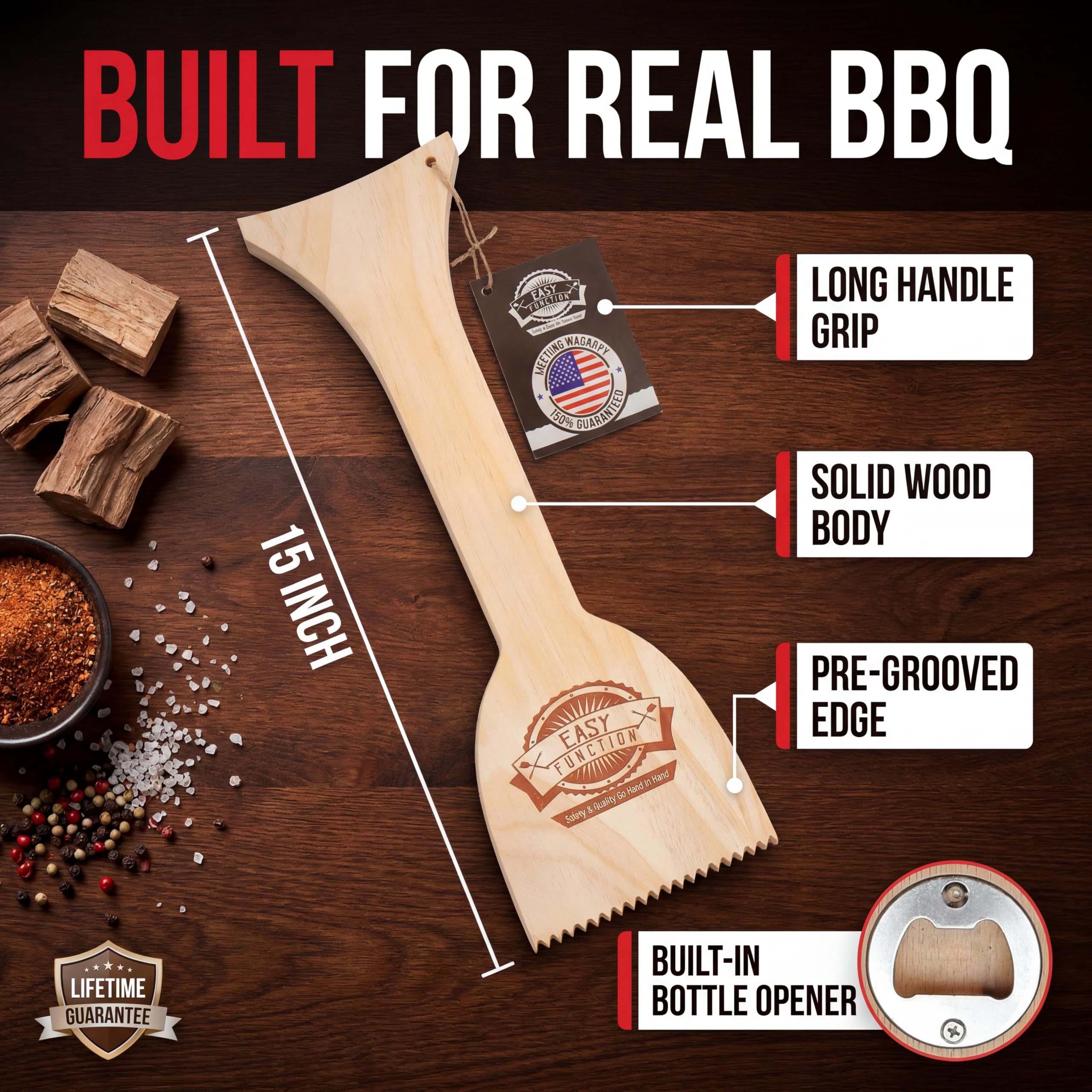 EASY FUNCTION Wood Grill Scraper in use on a barbecue