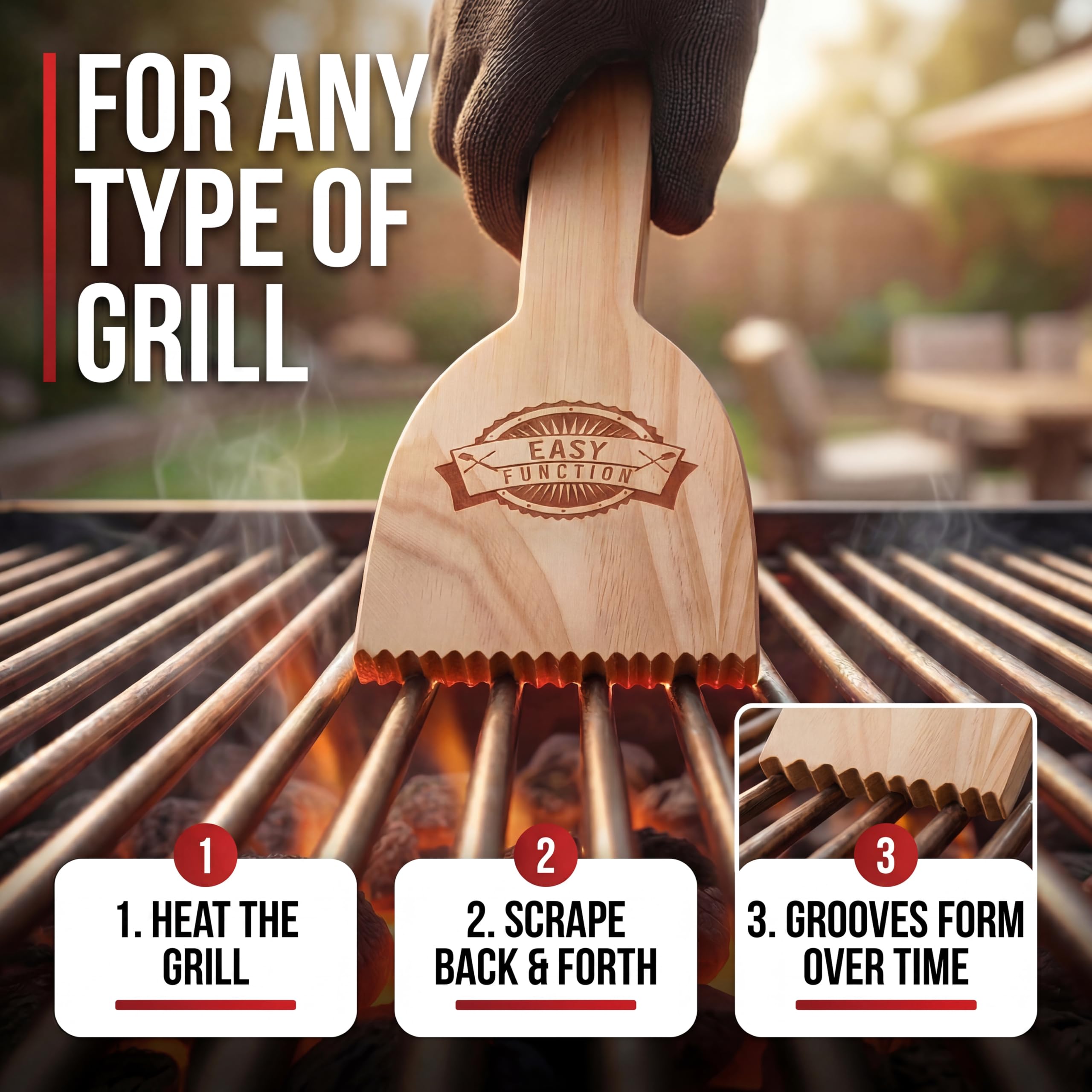 EASY FUNCTION Wood Grill Scraper showing A-grade pine wood material