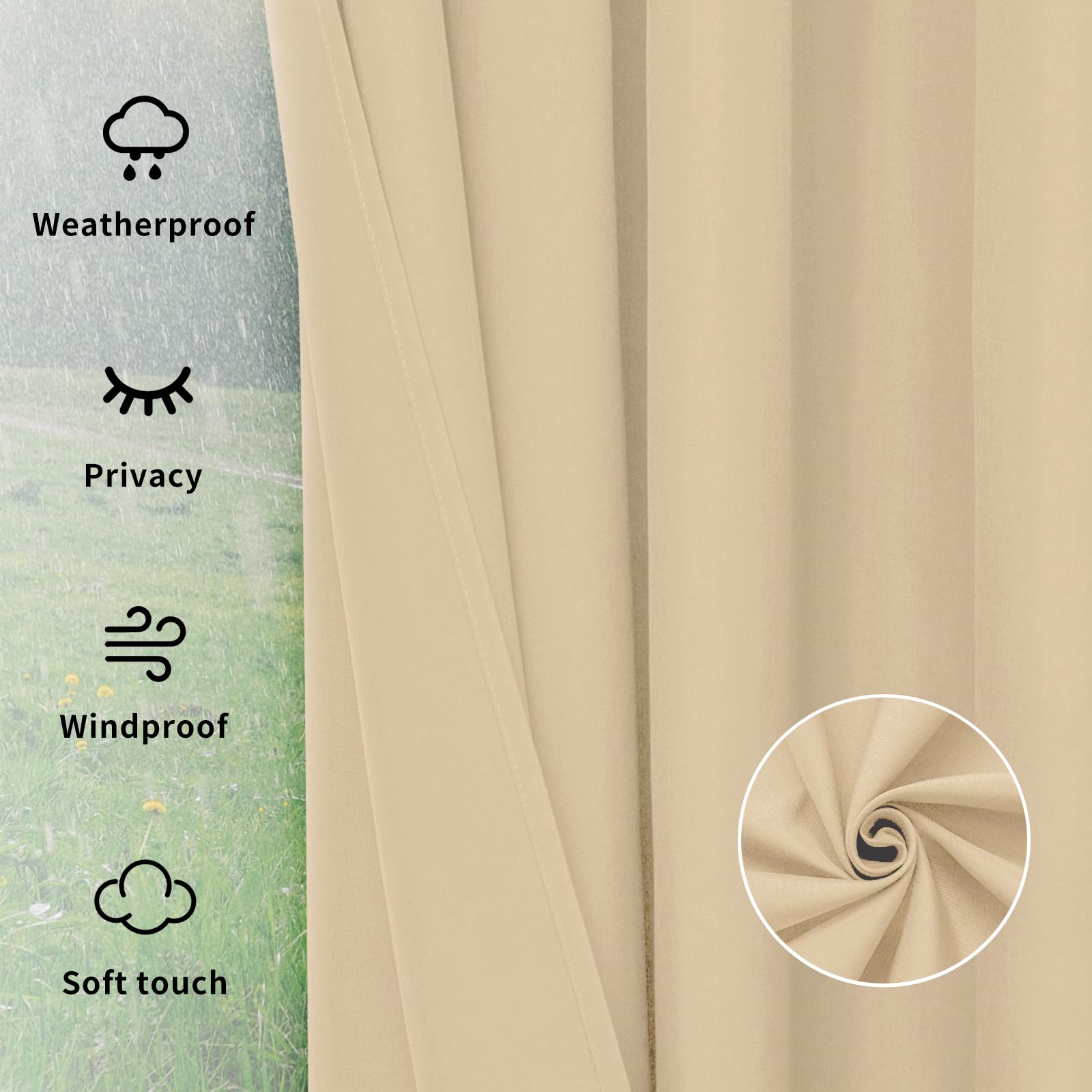 Easy-Going Outdoor Curtains beige hanging on patio