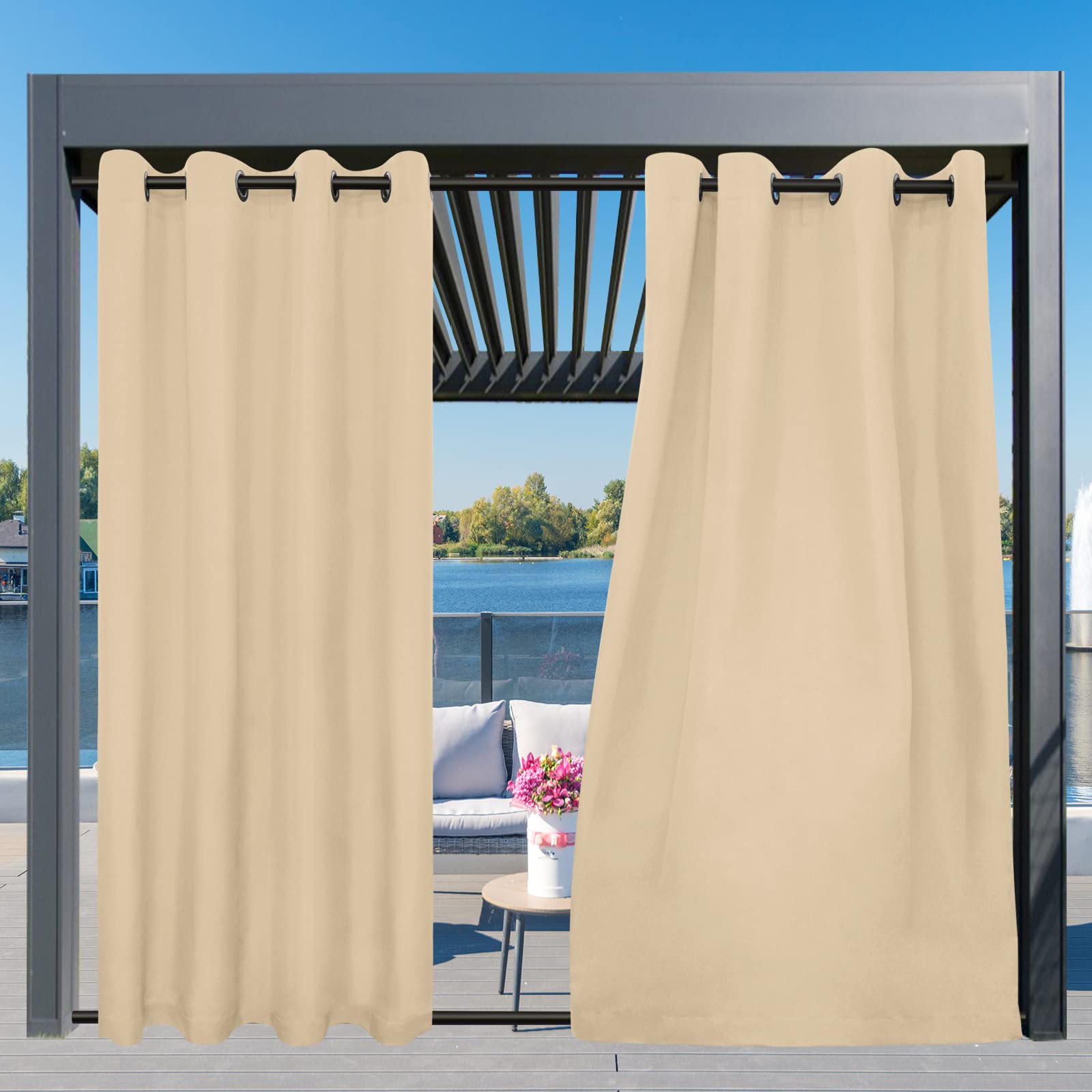 Easy-Going Outdoor Curtains beige on patio