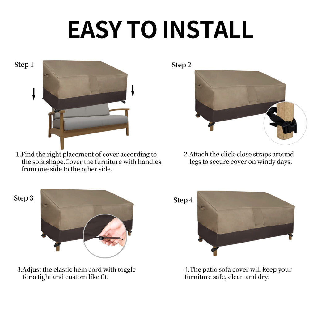 Easy-Going Outdoor Loveseat Cover packaging with dimensions