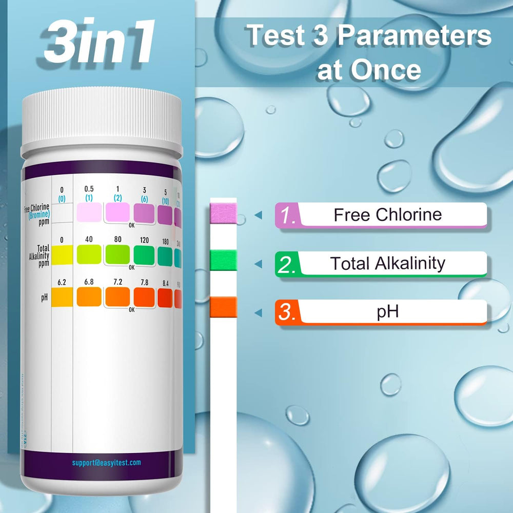 EASYTEST 150 test strips displayed on a pool deck