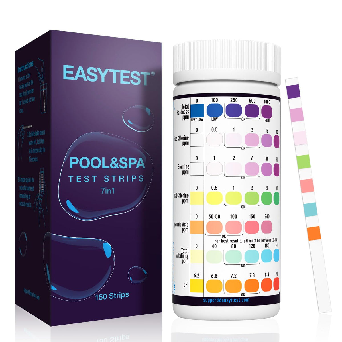 EASYTEST 7-Way Pool Test Strips pack front view with 150 strips