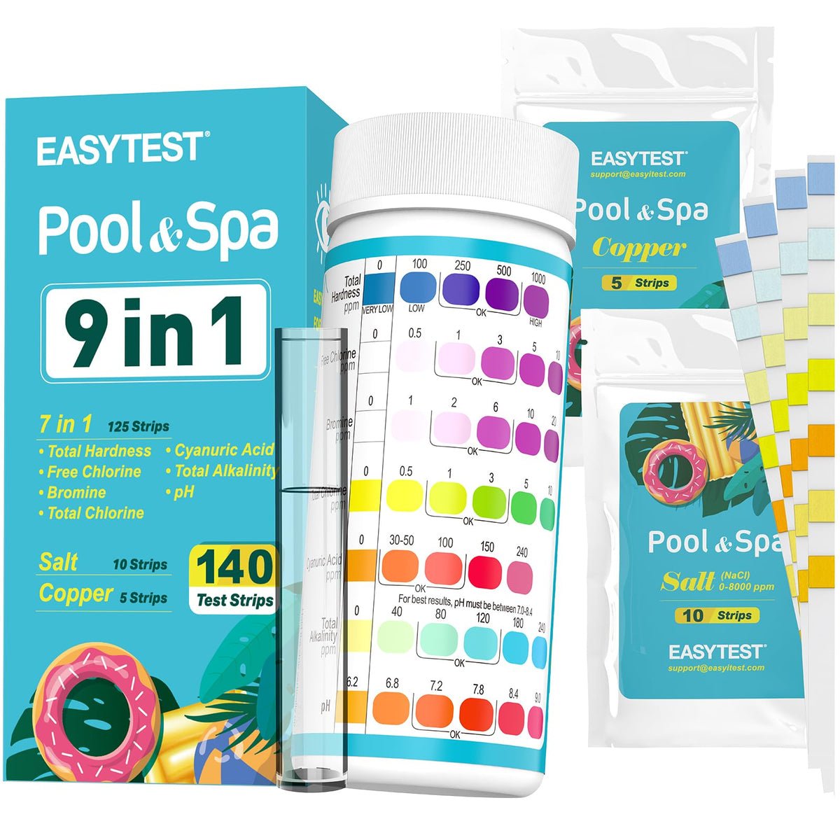 EASYTEST 9 IN 1 Pool Test Strips front view with packaging