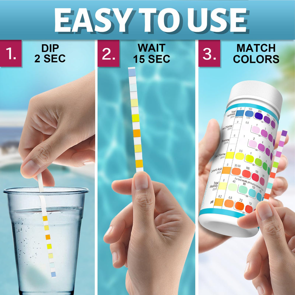 EASYTEST pool test strips next to a swimming pool