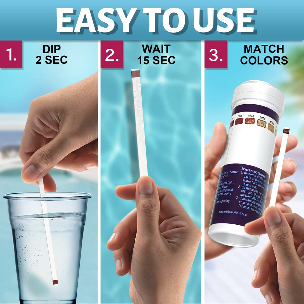 EASYTEST Saltwater Pool Test Strips alongside a pool