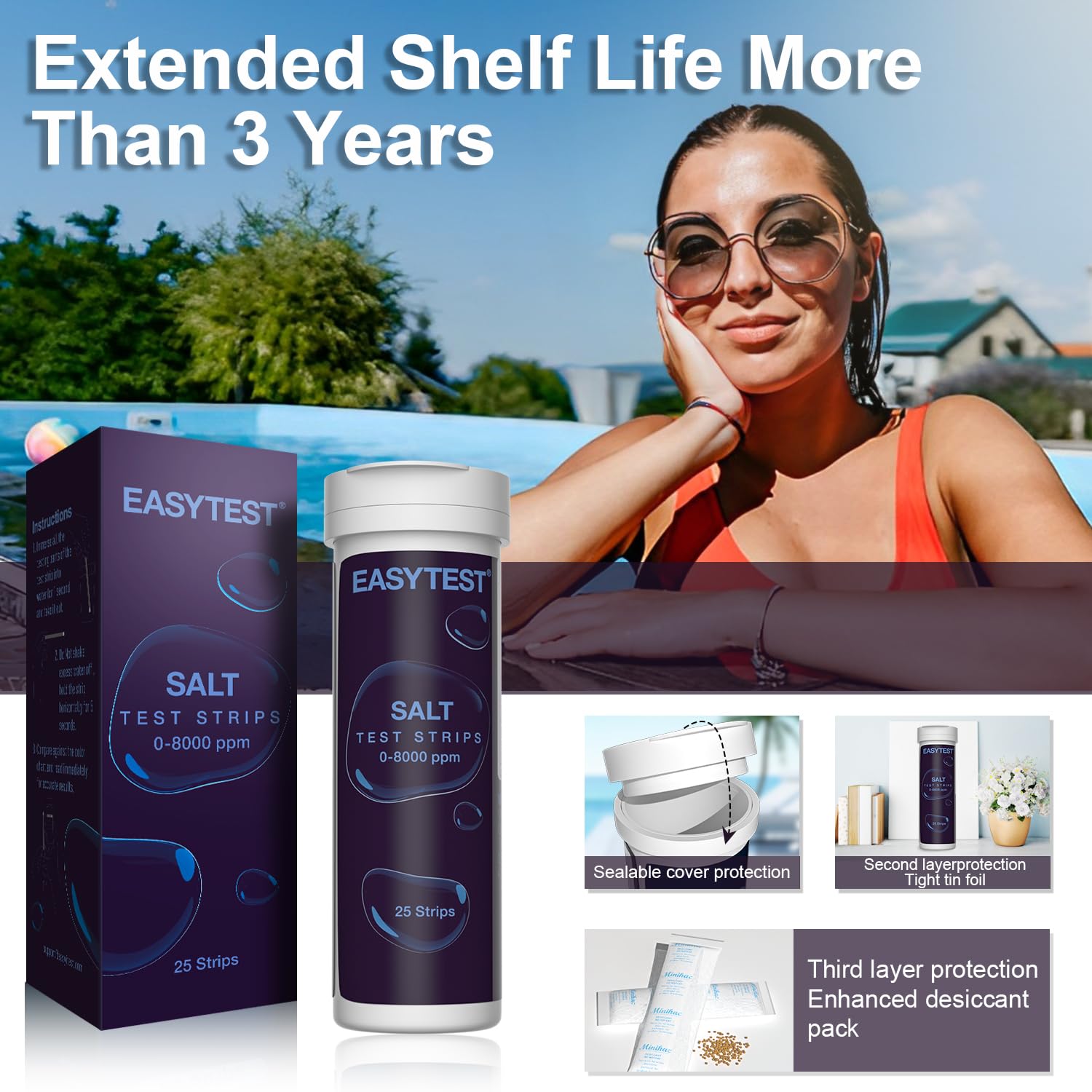 EASYTEST Saltwater Pool Test Strips packaging dimensions and details