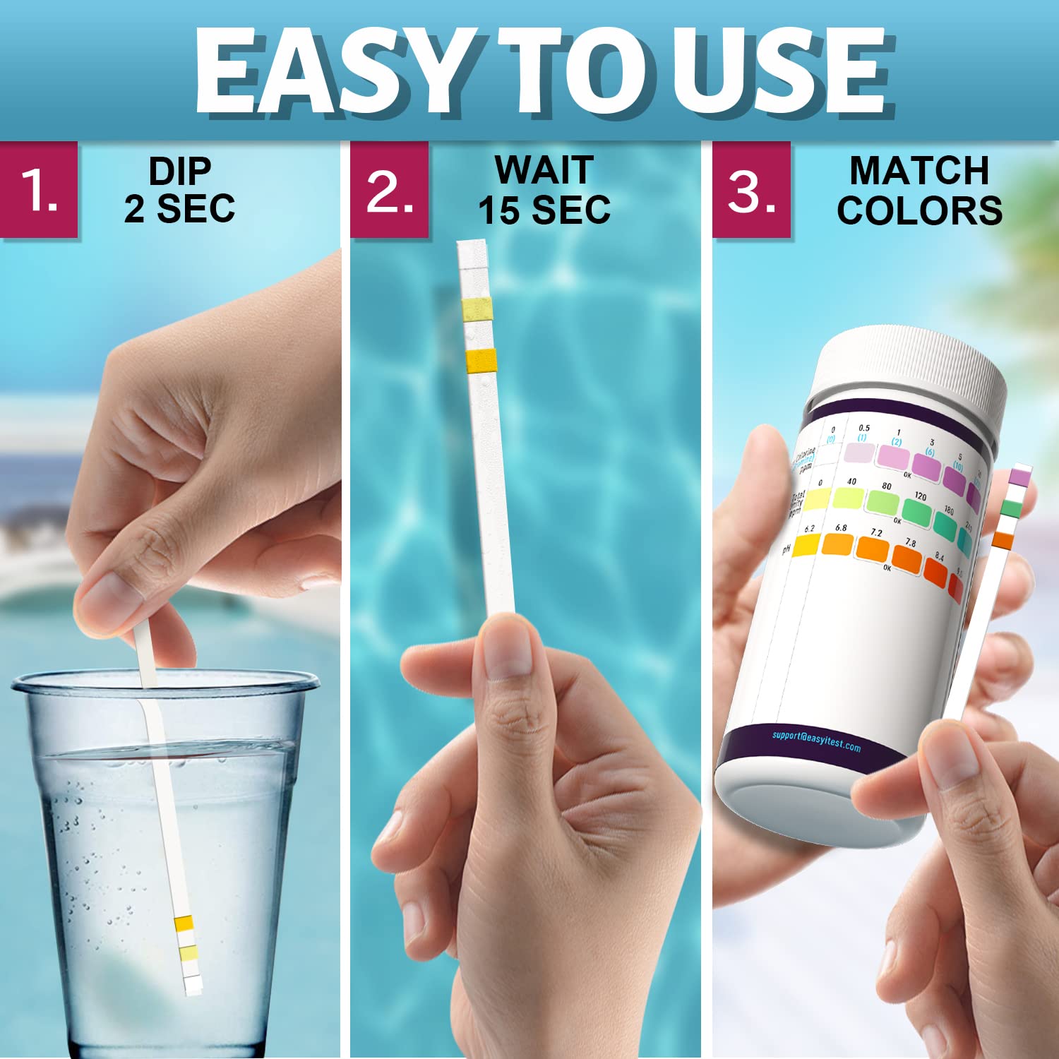EASYTEST test strips showing water quality results
