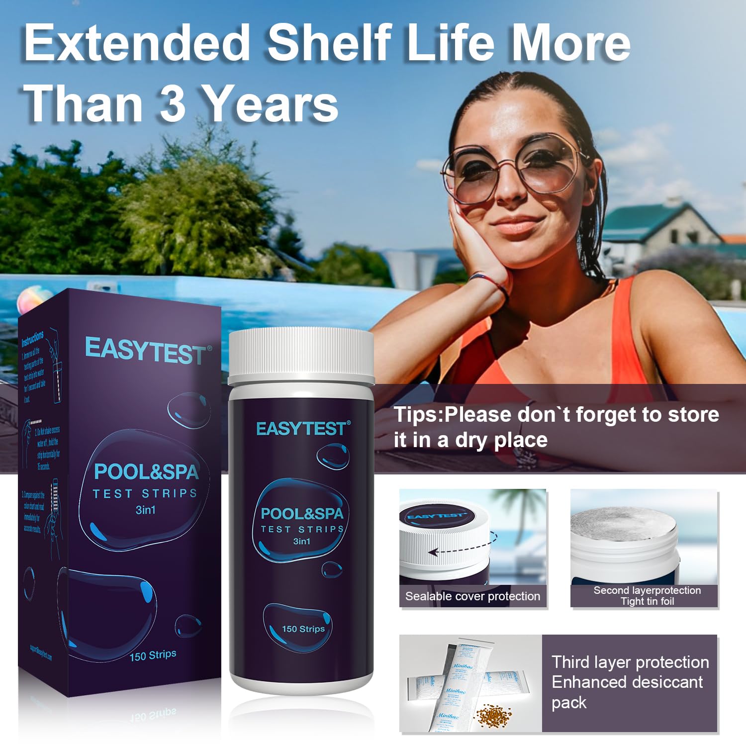 EASYTEST test strips with a swimming pool in the background