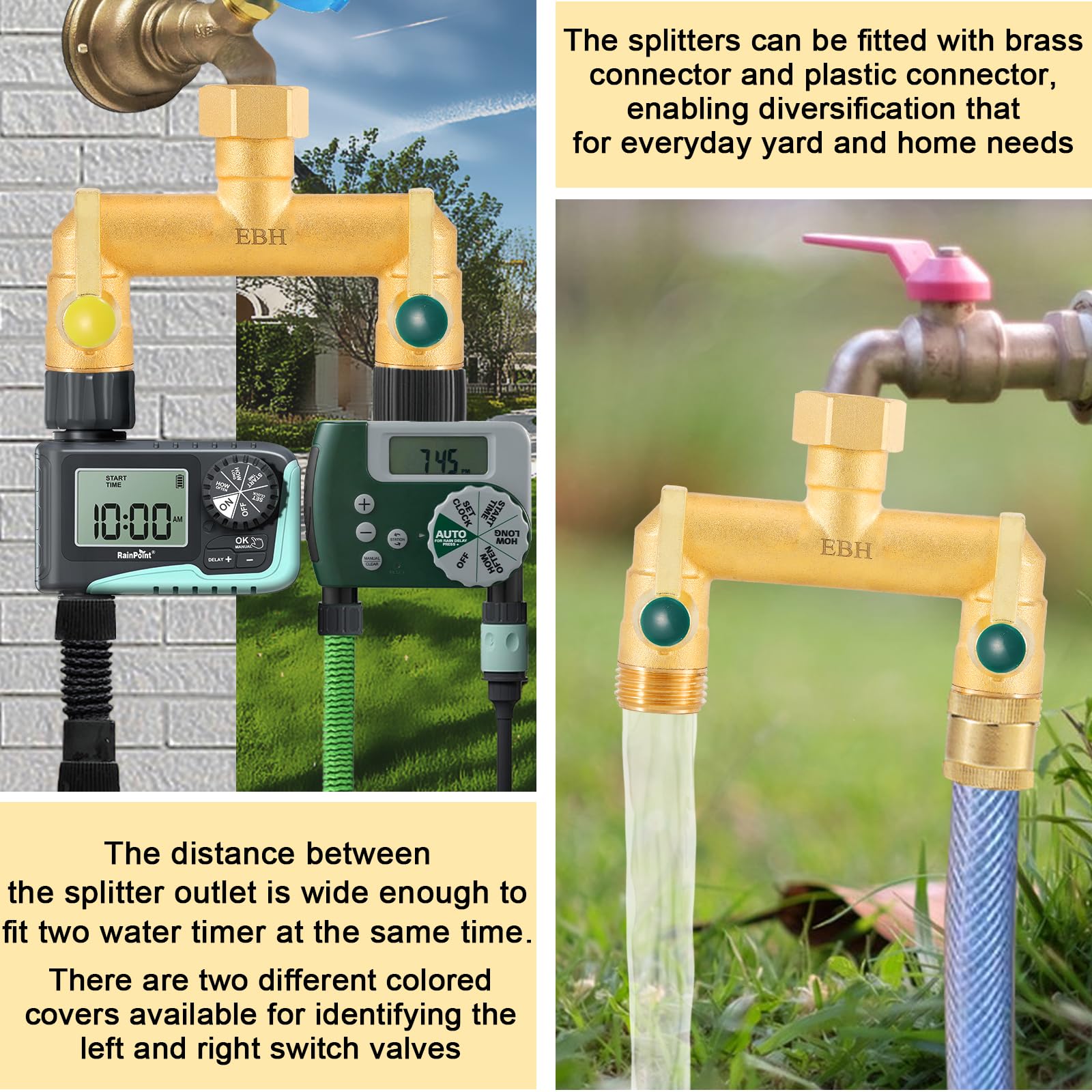 EBH Garden Hose Splitter with connected garden hoses