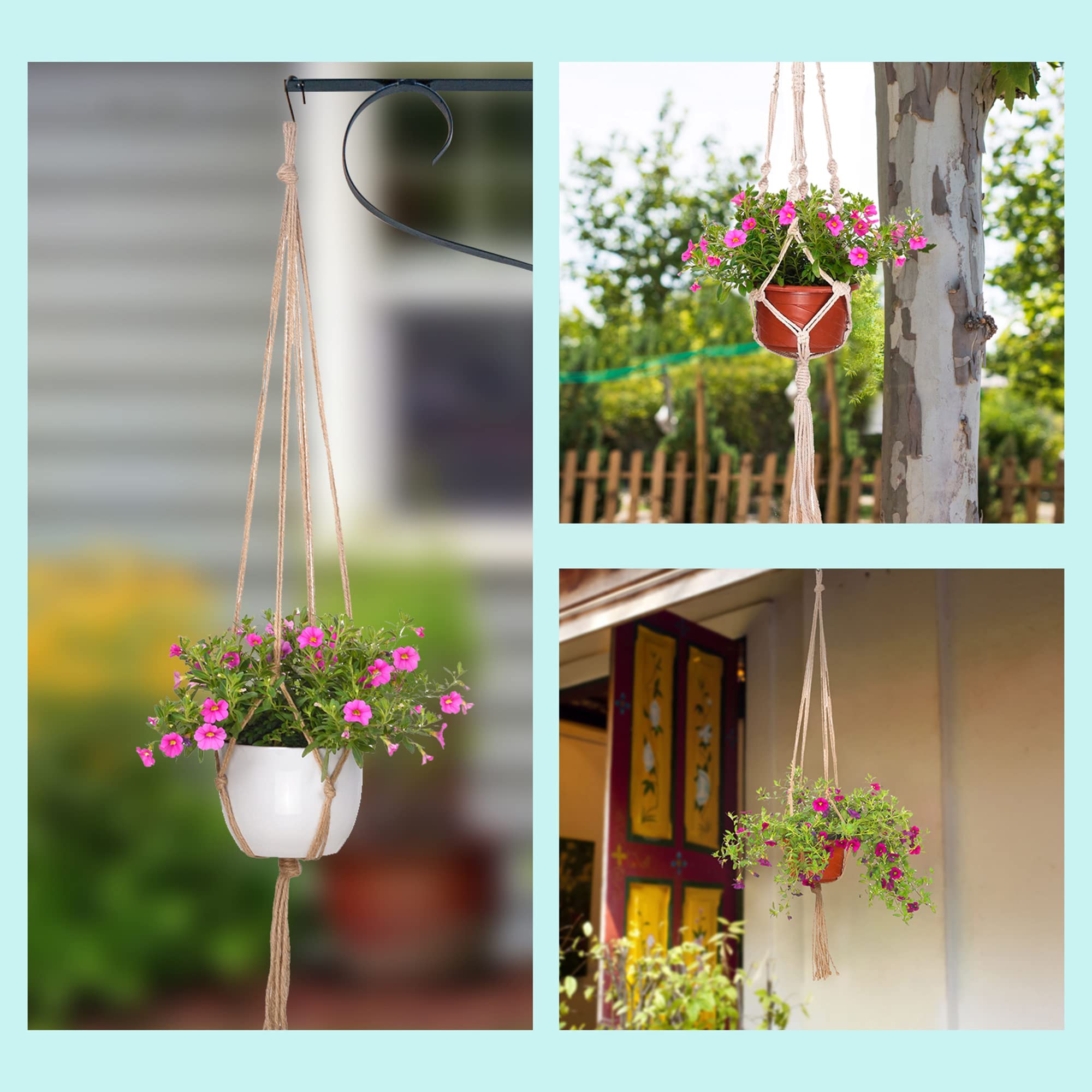 EBOOT macrame plant hanger in an outdoor garden setting