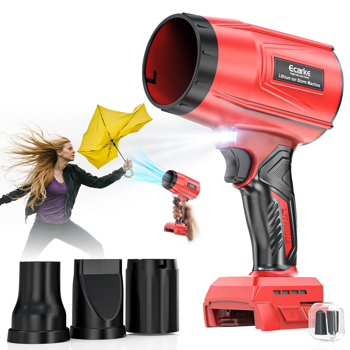 Ecarke cordless leaf blower front view, red colour