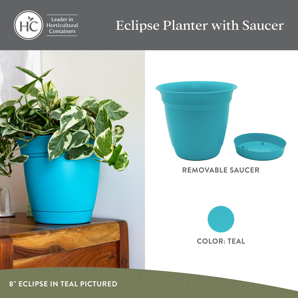 Eclipse Round Planter Pot 8-inch teal with saucer