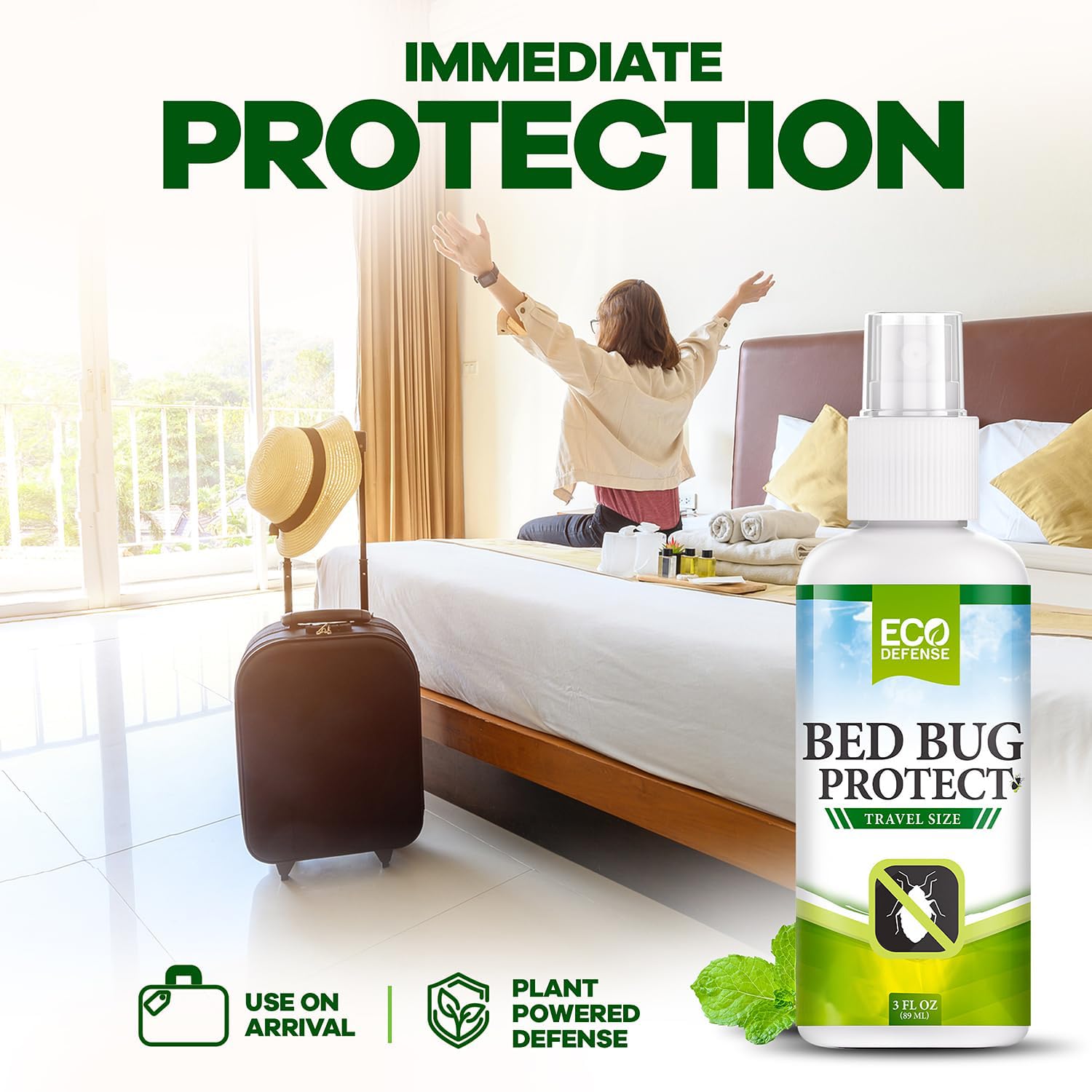 Eco Defense Bed Bug Spray in a travel bag on a hotel bed
