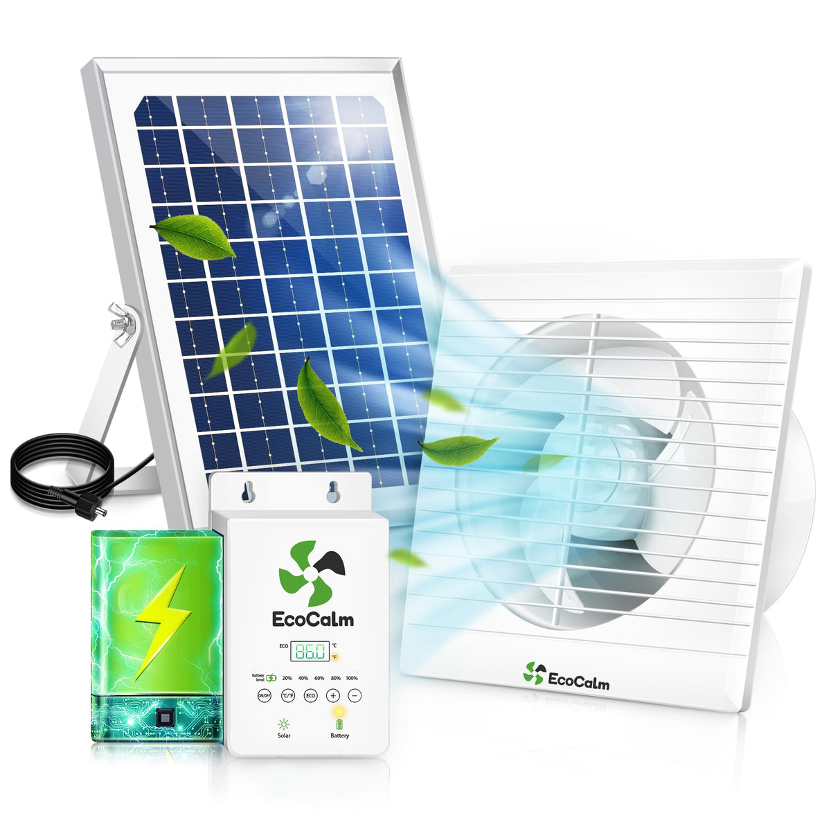 ecoCalm Solar Powered Fan 6 inch front view with solar panel