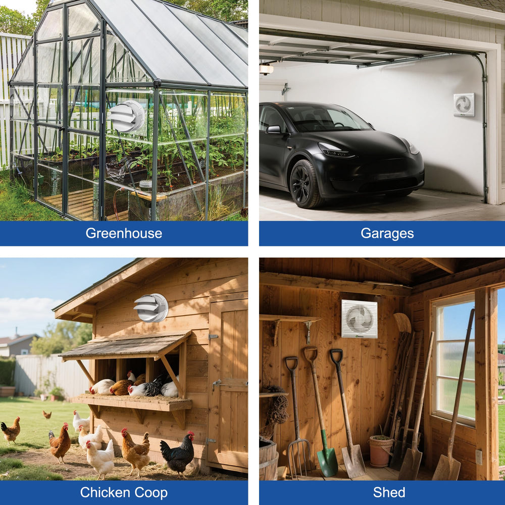 ecoCalm Solar Powered Fan in a greenhouse setting