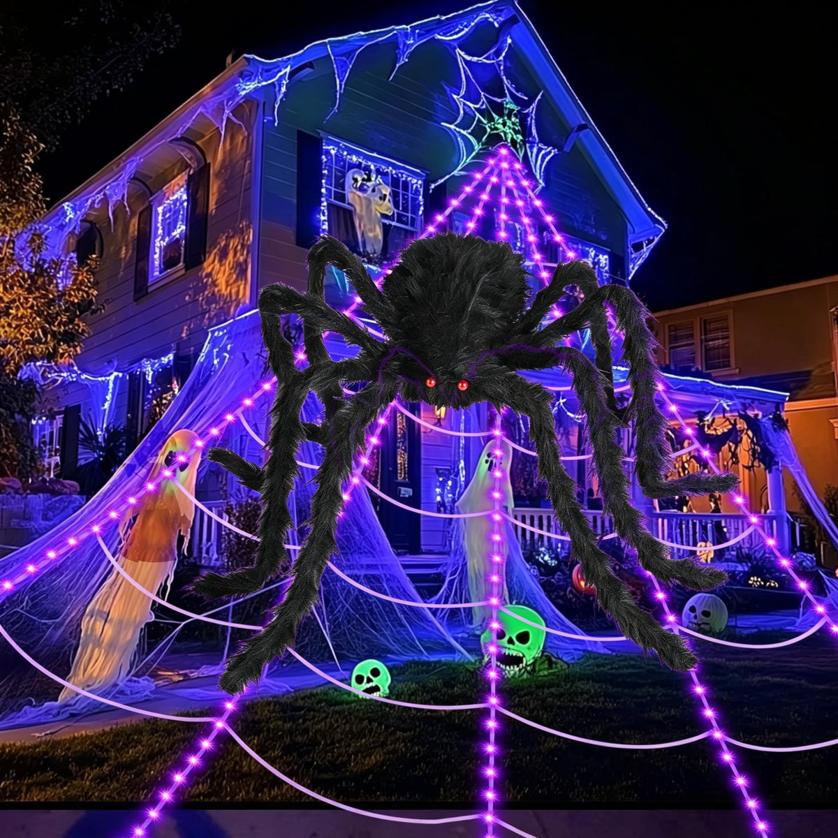 ECOHDT Giant Spider Web with 48-inch spider, purple lights