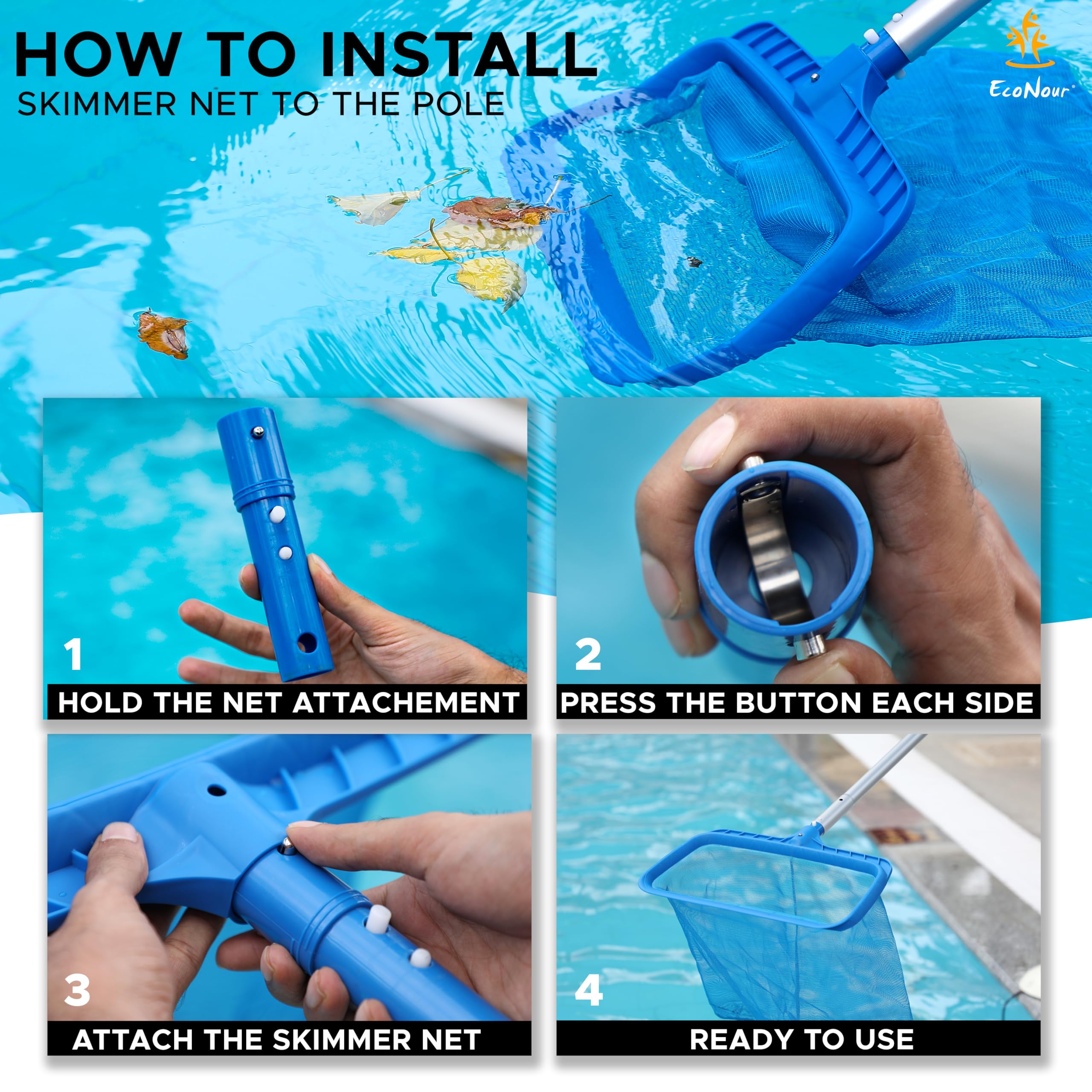 EcoNour Pool Skimmer Net held by a user near a pool