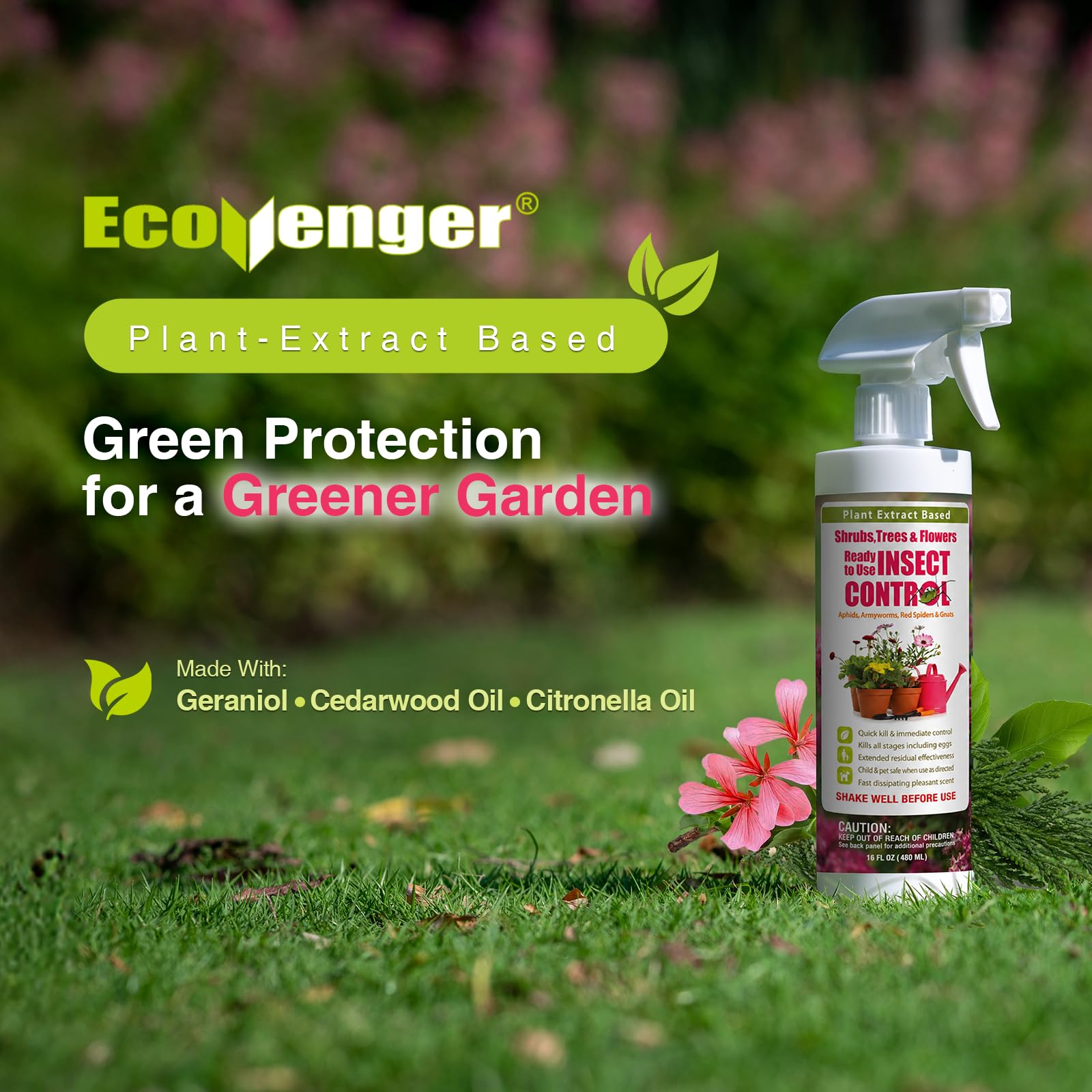 EcoVenger Garden Insect Control 16 oz bottle in use spraying plants