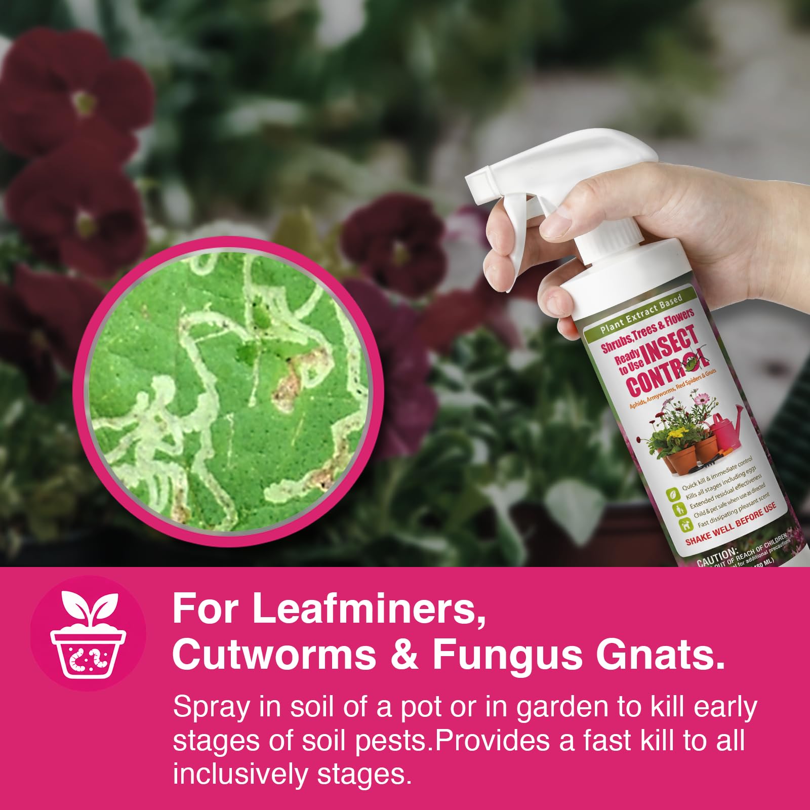 EcoVenger Garden Insect Control 16 oz spray in a garden setting surrounded by plants