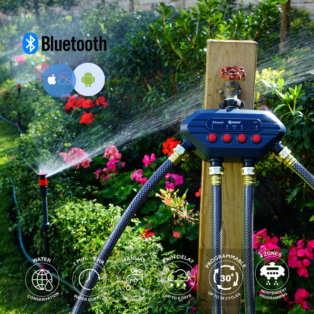 Eden 93443 Bluetooth Water Timer side view with app interface displayed