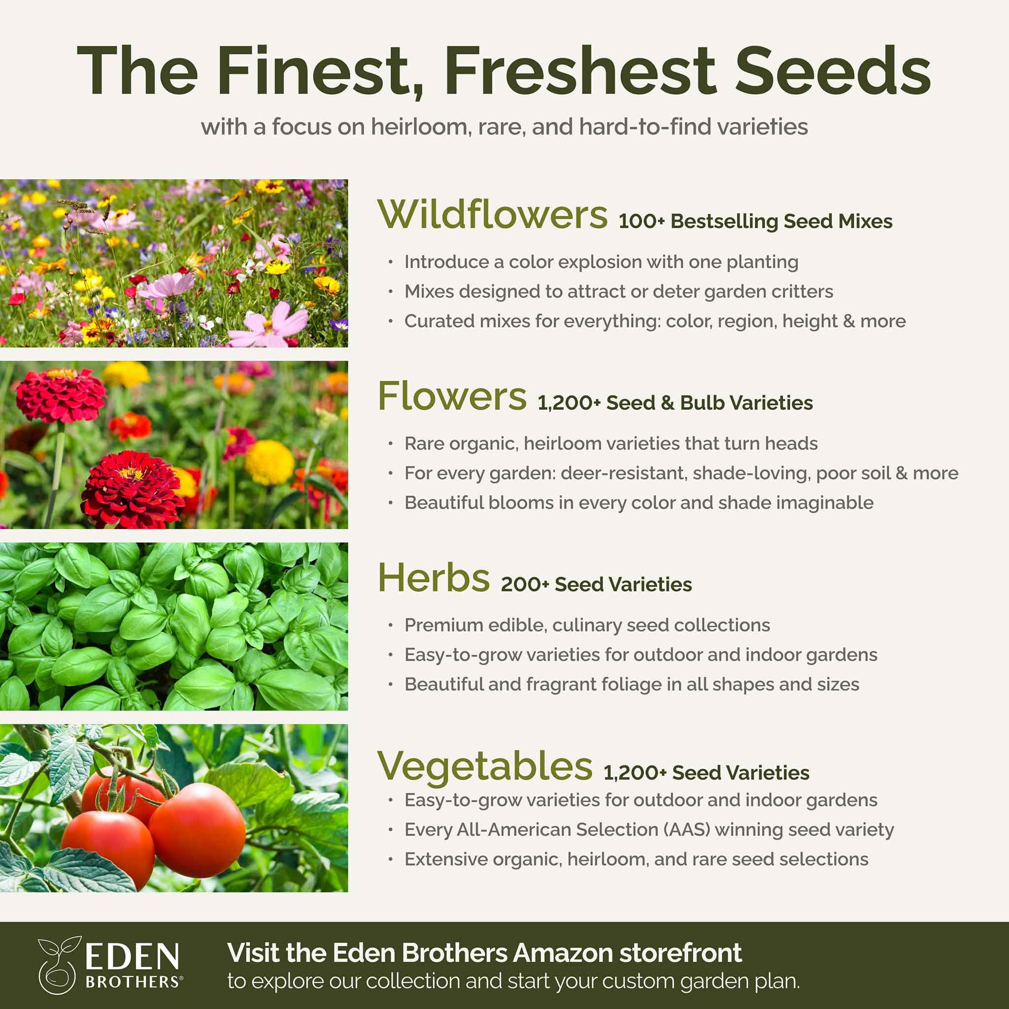 Eden Brothers seed package beside blooming flowers