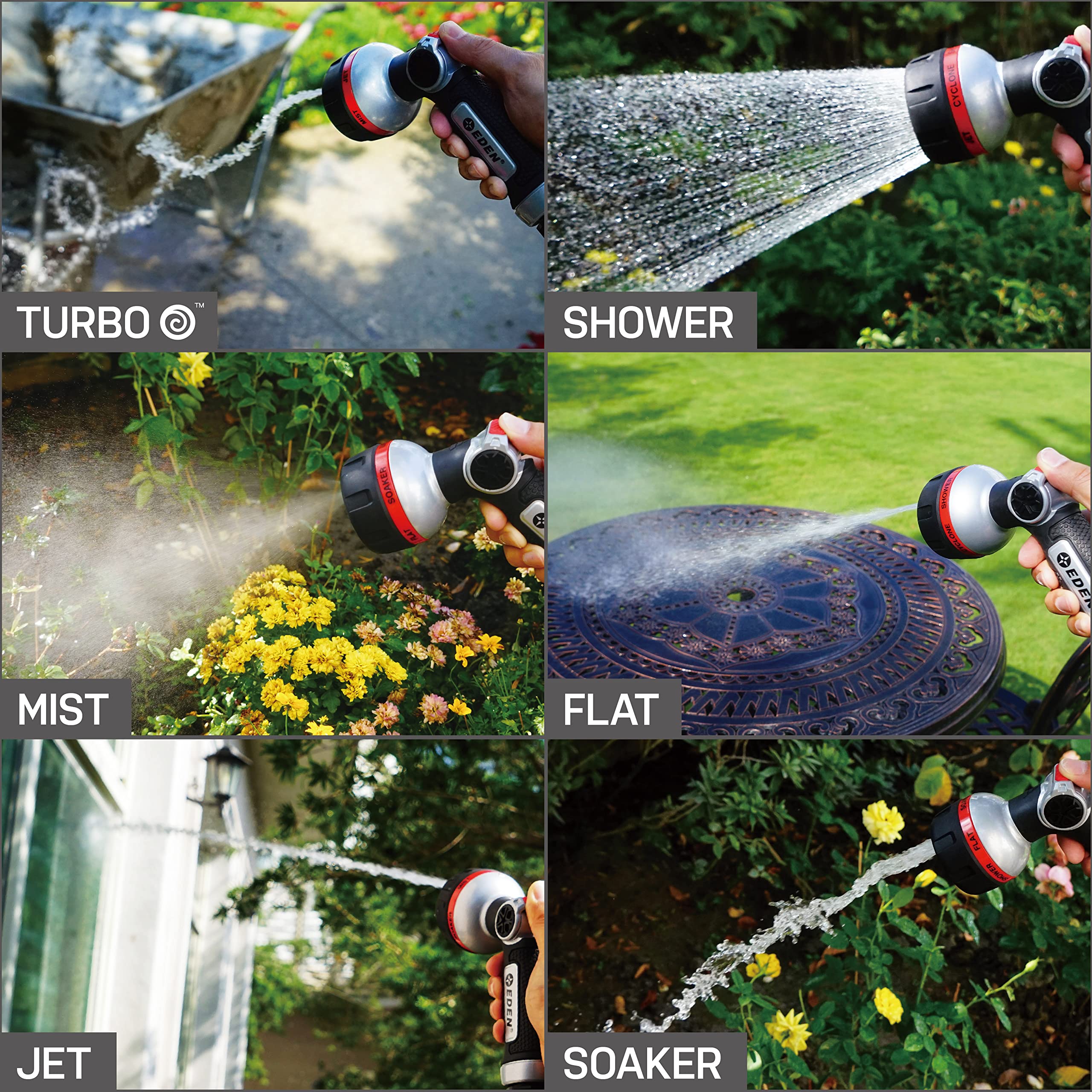 Eden Hose Nozzle showing six unique spray patterns
